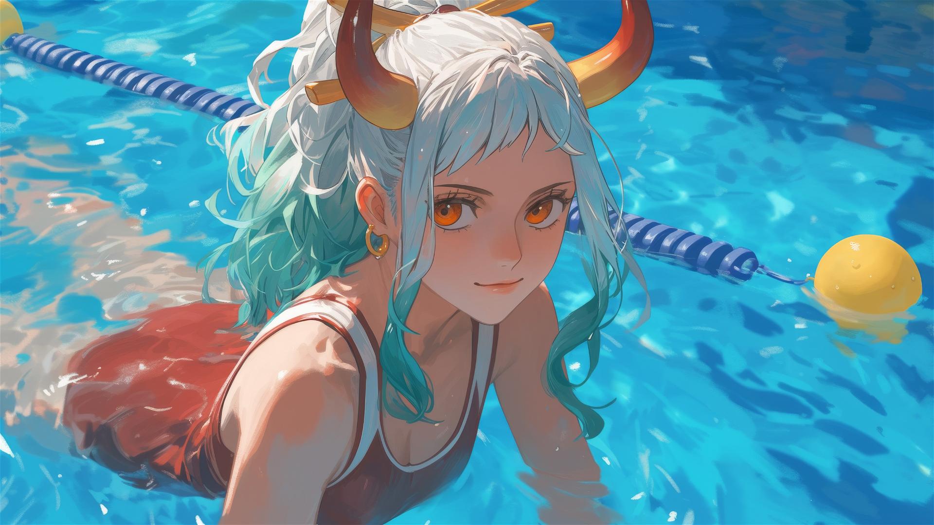 Yamato from One Piece swimming under moonlight with orange eyes