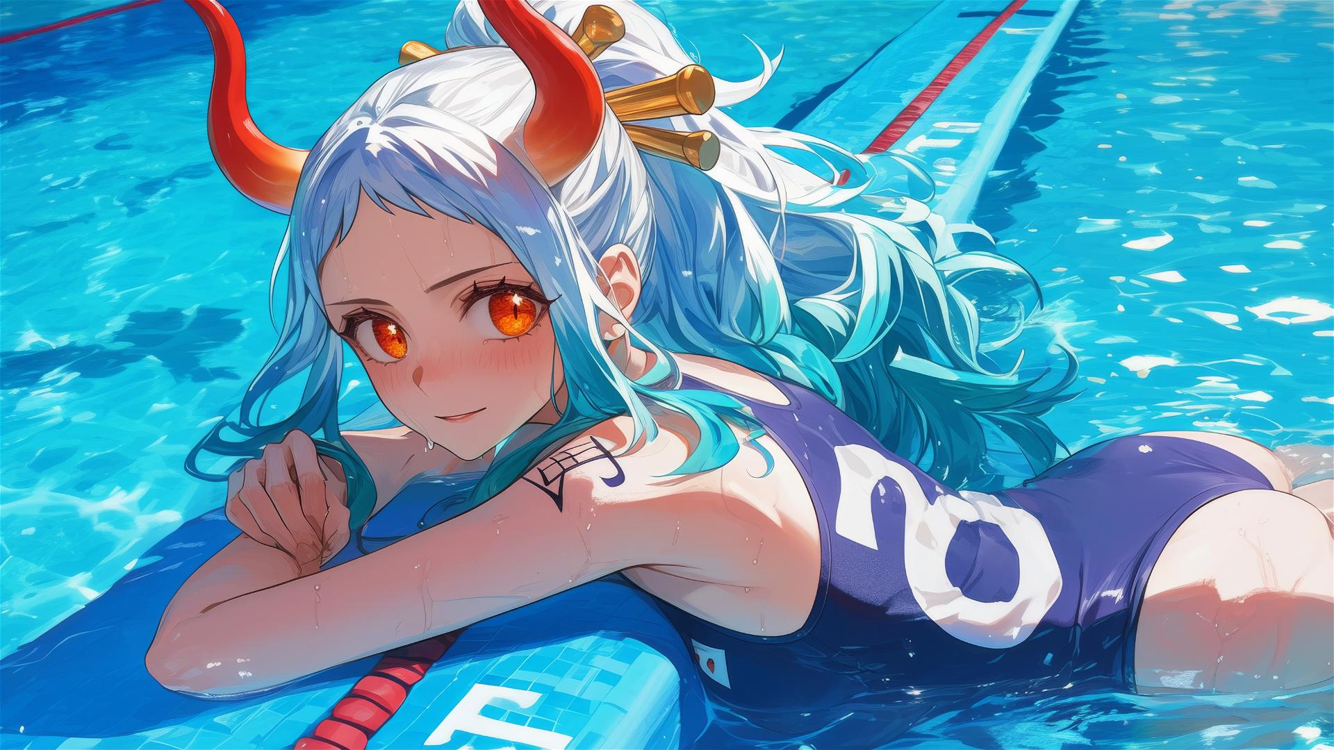 Yamato from One Piece swimming in pool under moonlight, orange eyes glowing