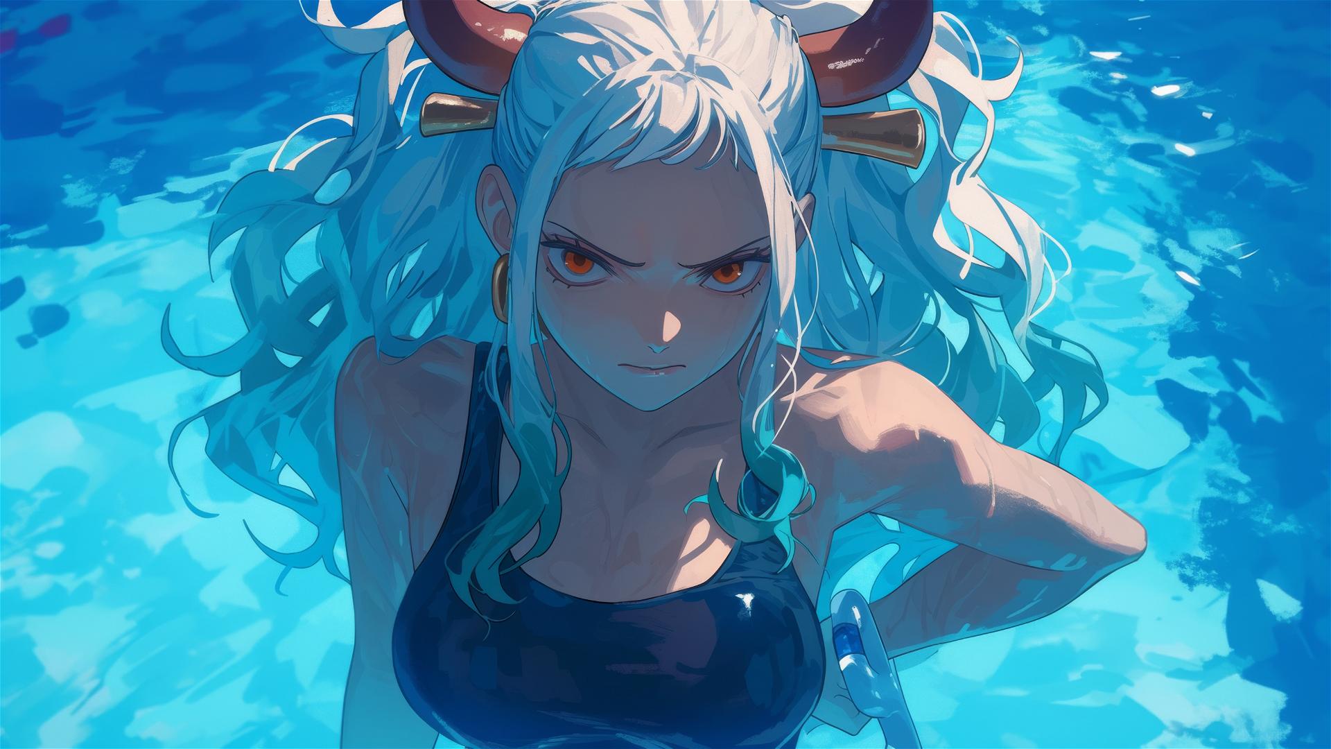Yamato from One Piece standing in a pool under moonlight, orange eyes