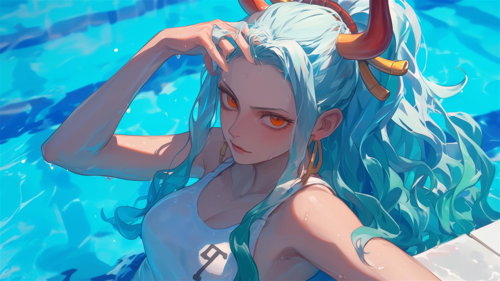 Yamato from One Piece by the pool in moonlight, orange eyes