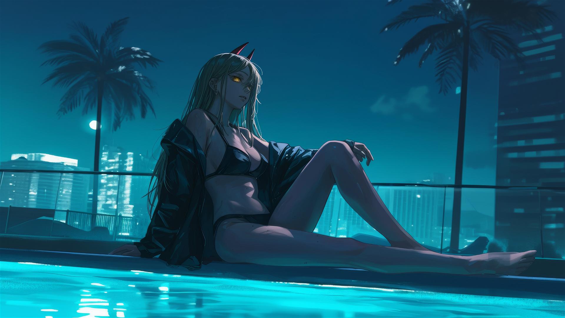 Power from Chainsaw Man by the pool at night with moonlit glow and yellow eyes