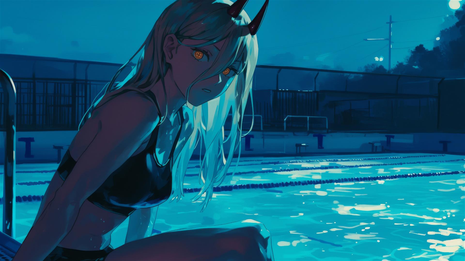 Power from Chainsaw Man swimming under moonlight with yellow eyes