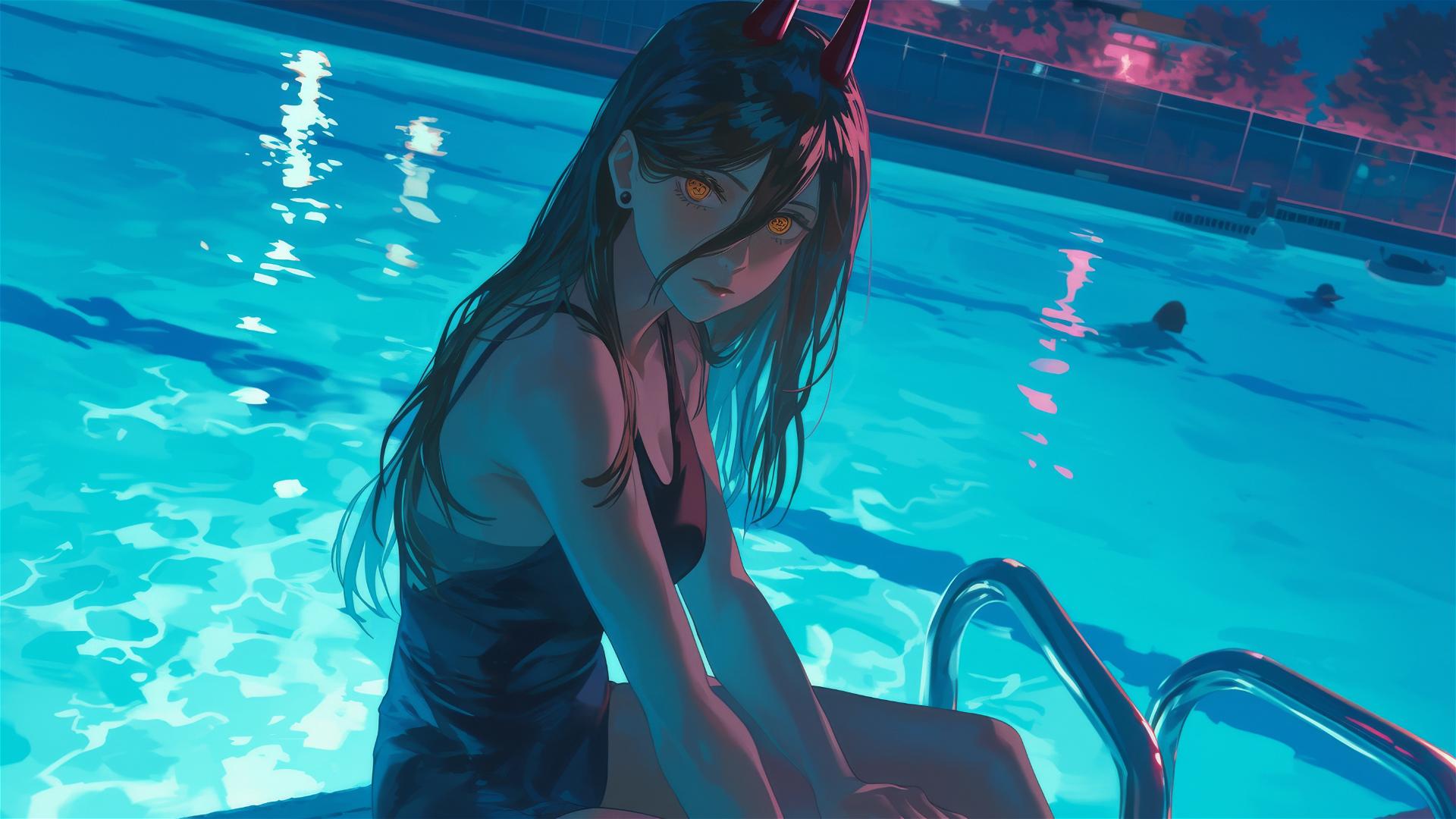 Power from Chainsaw Man swimming under moonlight with yellow eyes