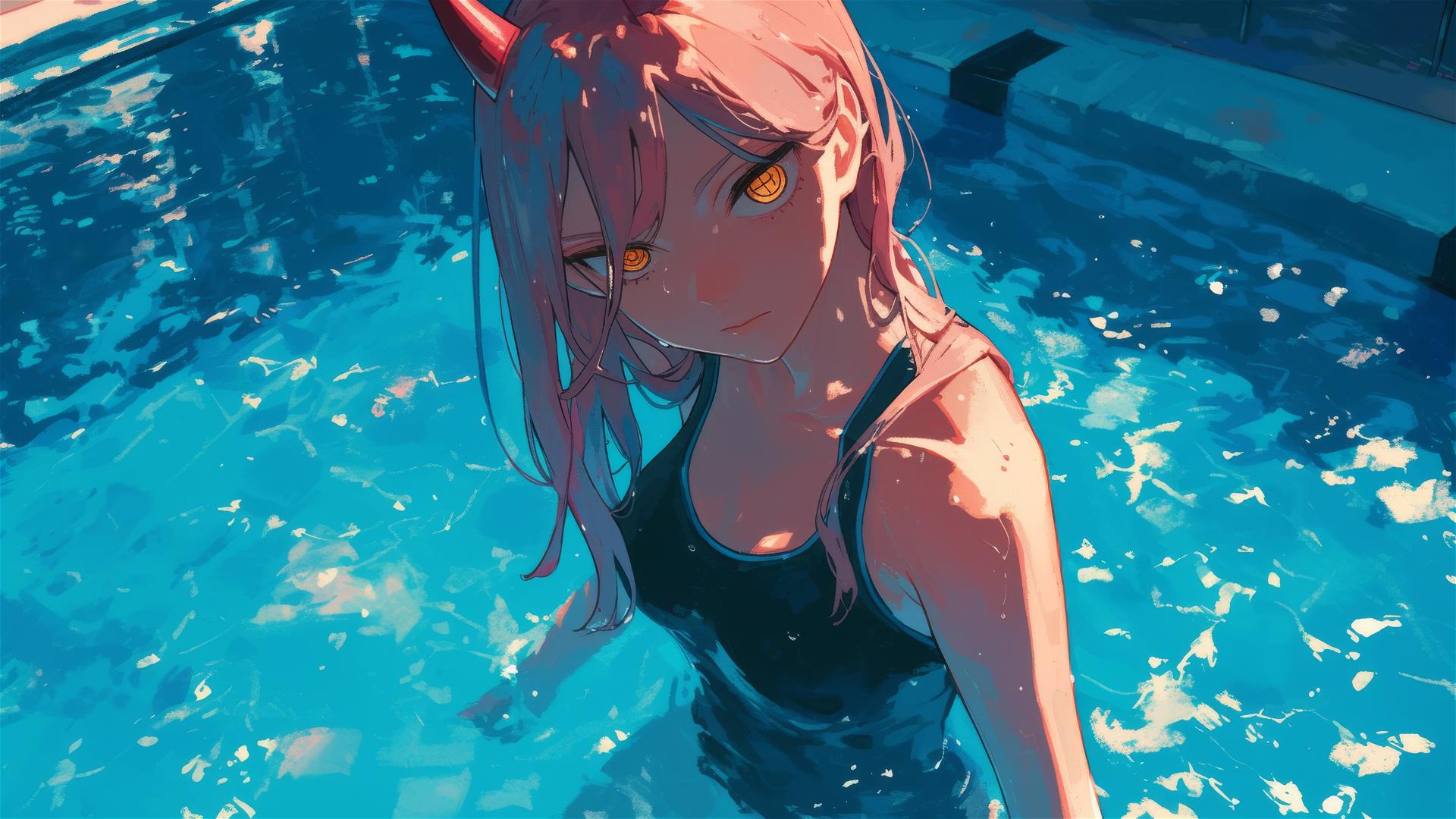Power from Chainsaw Man standing in a pool under moonlight with yellow eyes