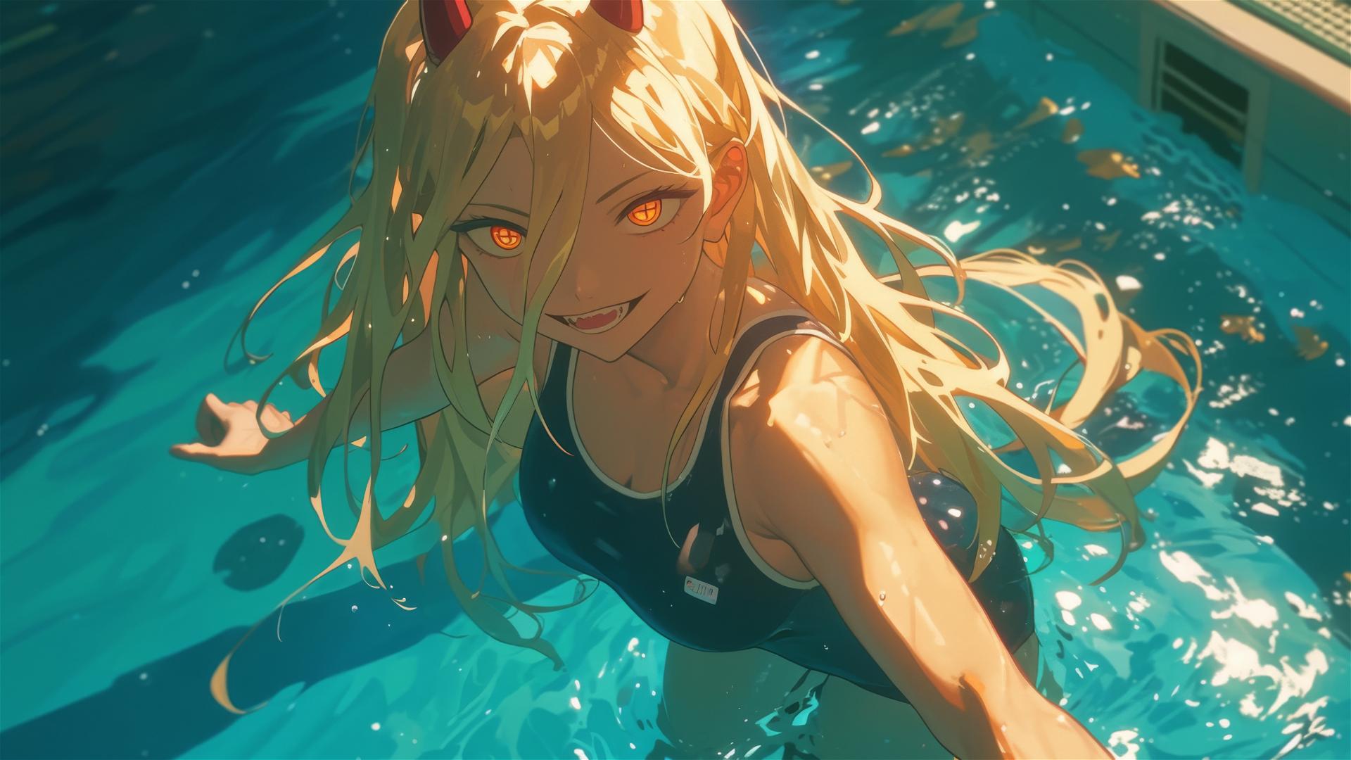 Power from Chainsaw Man standing in pool under moonlight with yellow eyes