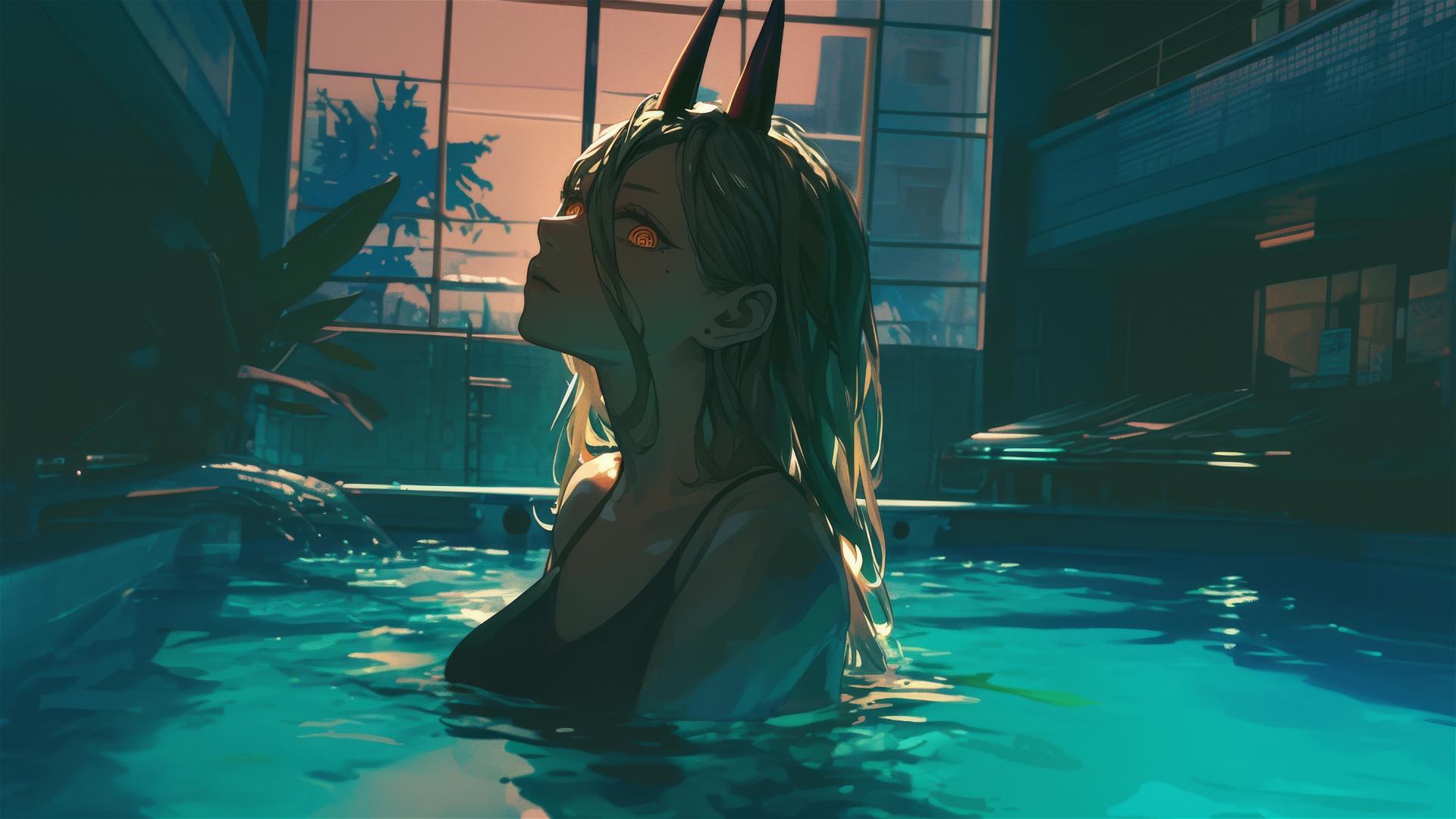 Power from Chainsaw Man standing in a pool under moonlight