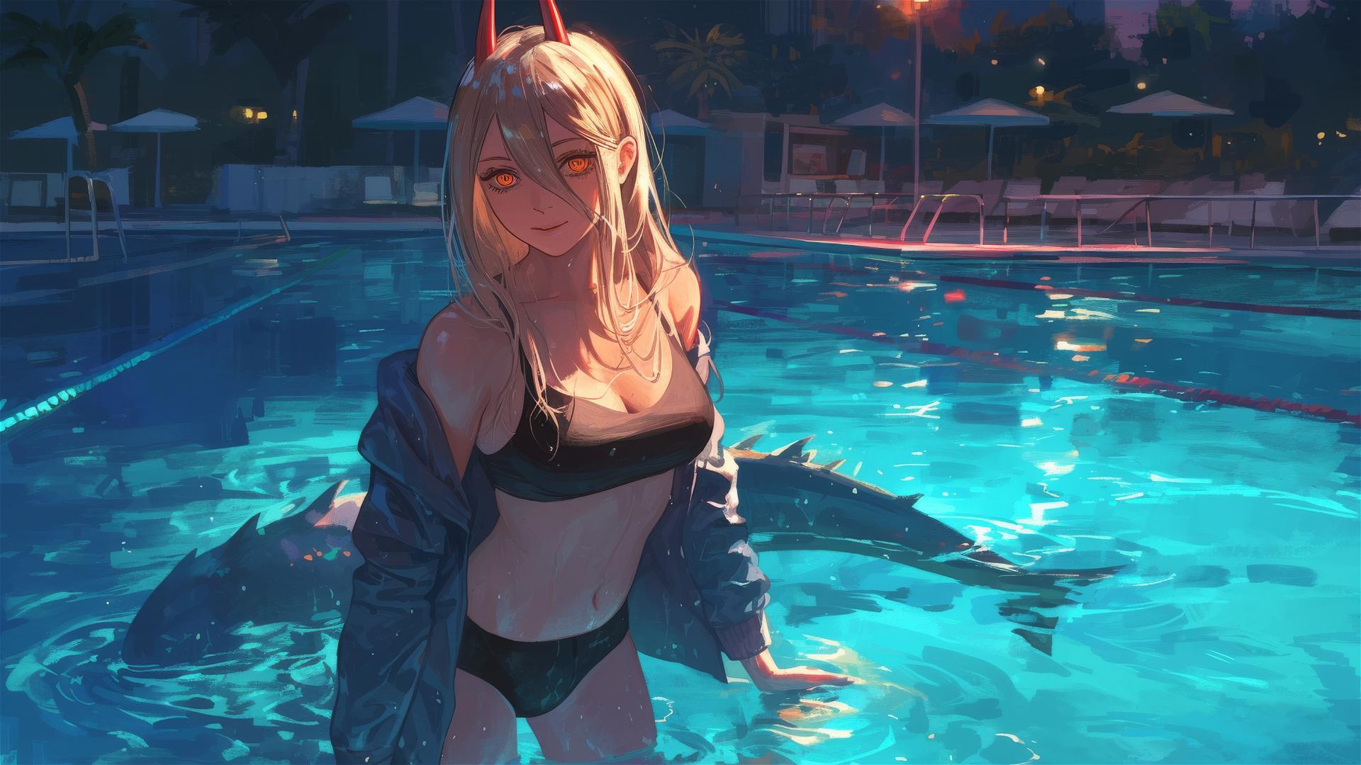 Power from Chainsaw Man standing in a pool under moonlight with yellow eyes