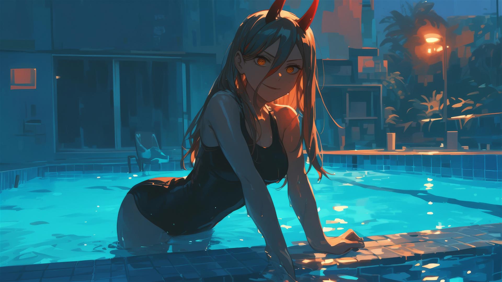 Power from Chainsaw Man standing in a pool under moonlight, soft glow on figure