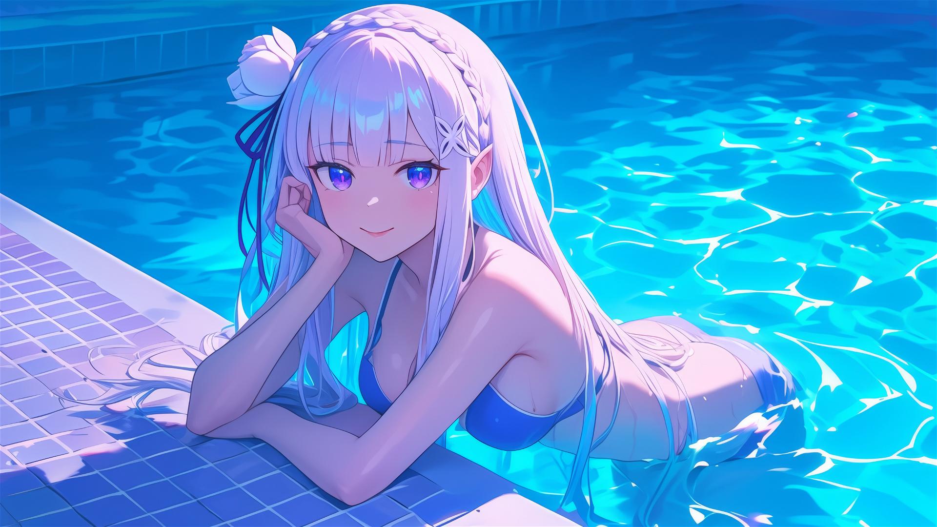 Emilia from Re:Zero resting in pool by moonlight