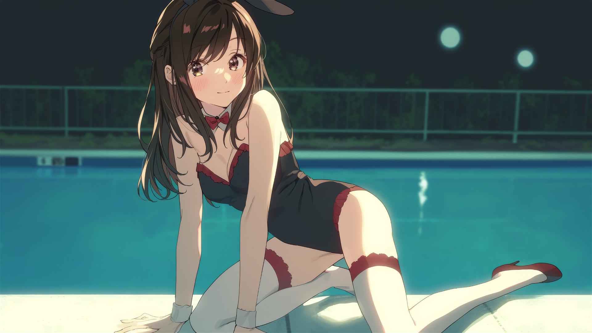 Mizuhara Chizuru by pool under moonlight with brown hair and light brown eyes
