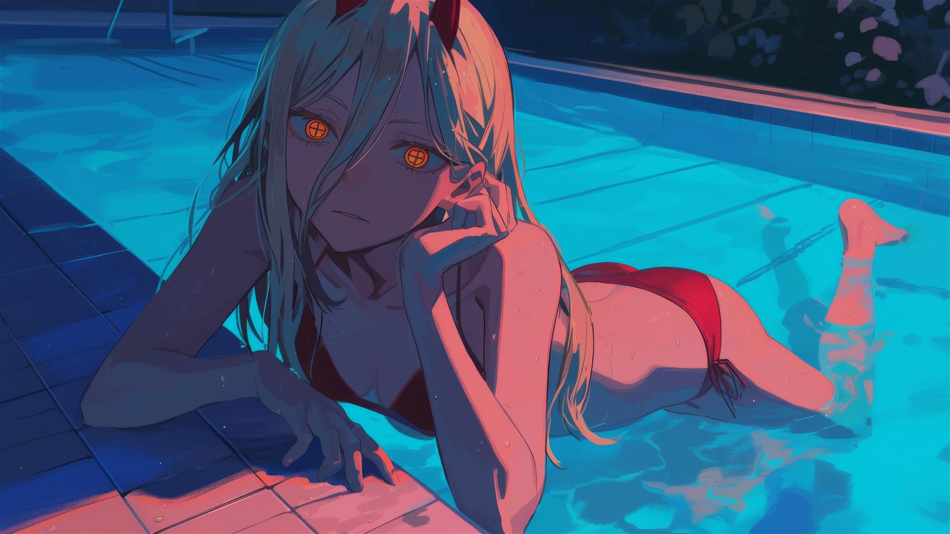 Power from Chainsaw Man resting by pool under moonlight, yellow eyes glowing
