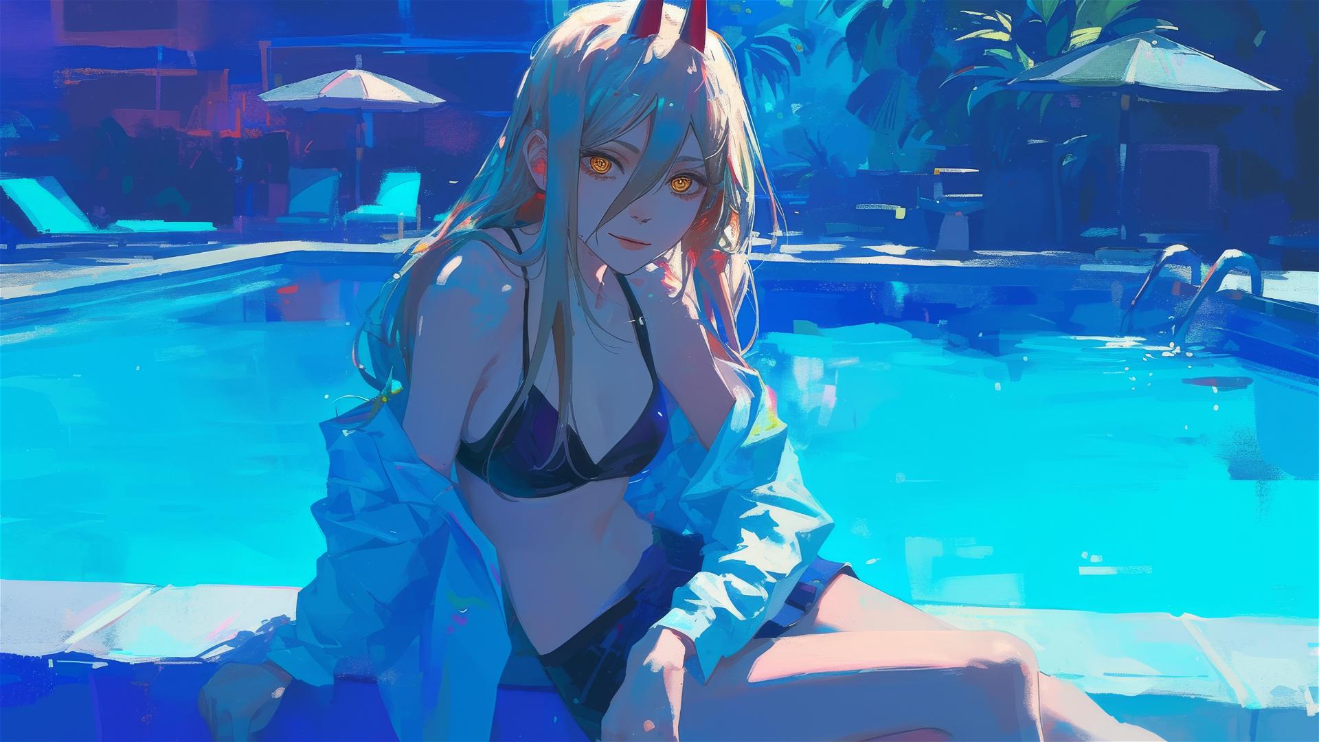 Power from Chainsaw Man resting by the pool under moonlight with yellow eyes