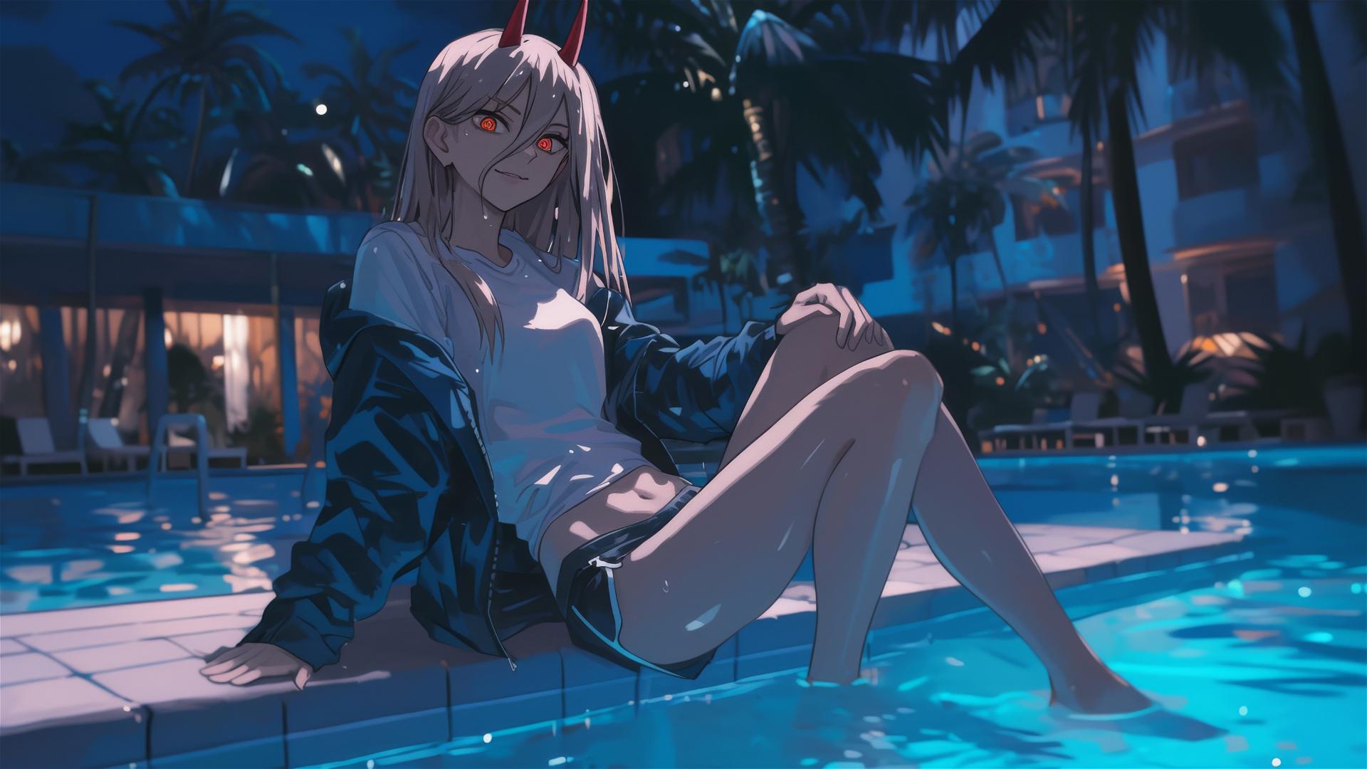 Power from Chainsaw Man resting by pool under moonlight