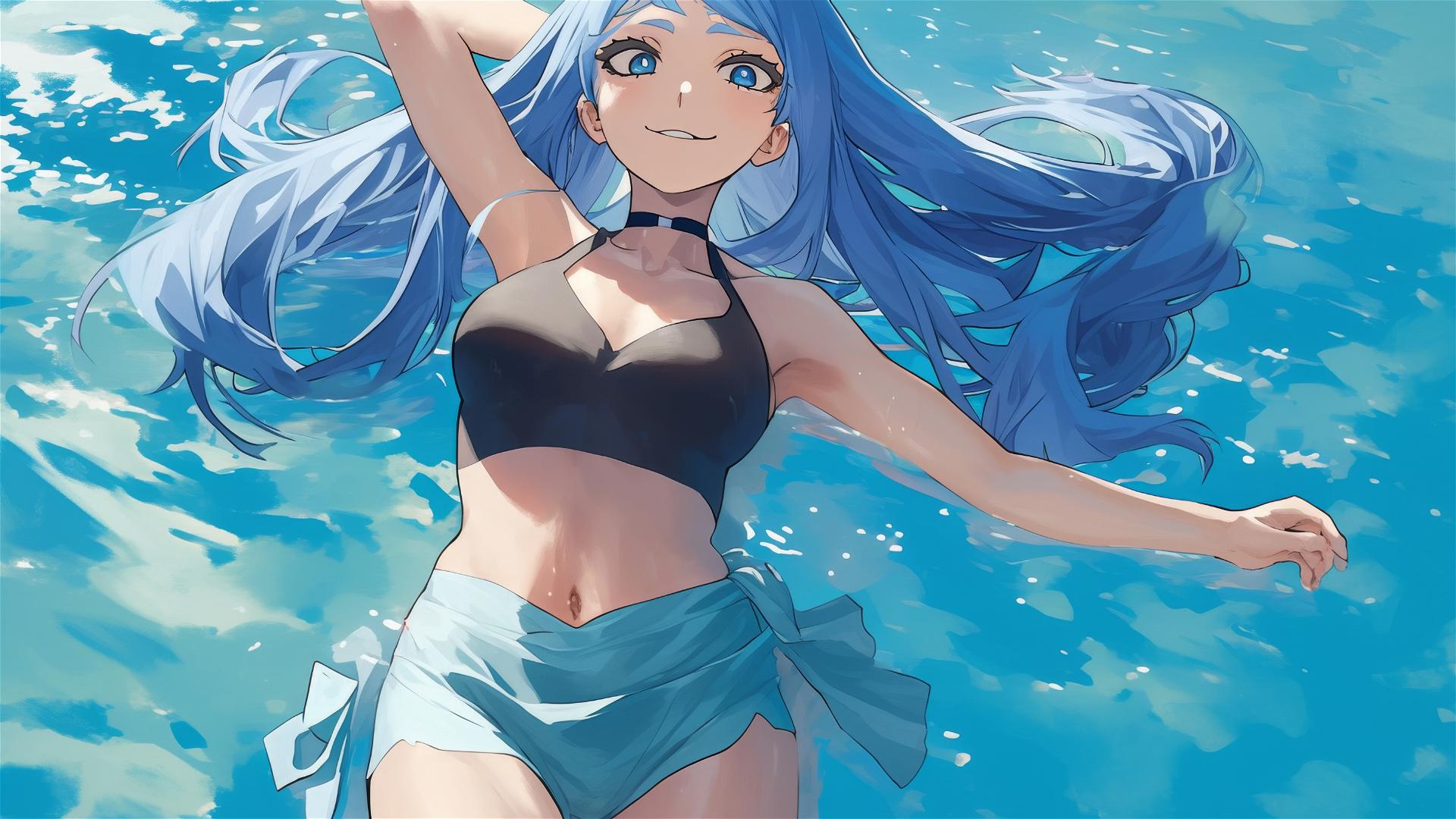 Nejire Hadou from My Hero Academia in pool under moonlight
