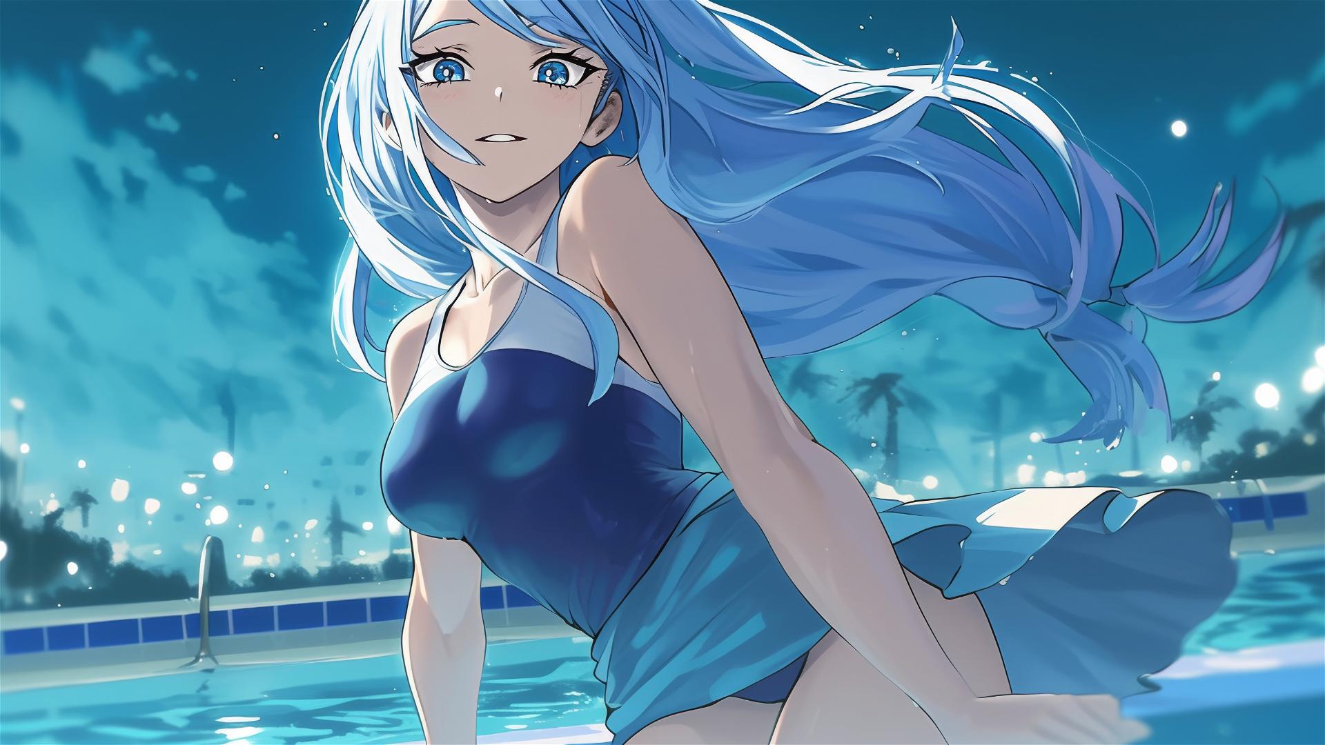 Nejire Hadou from My Hero Academia standing in the swimming pool under moonlight, with blue eyes