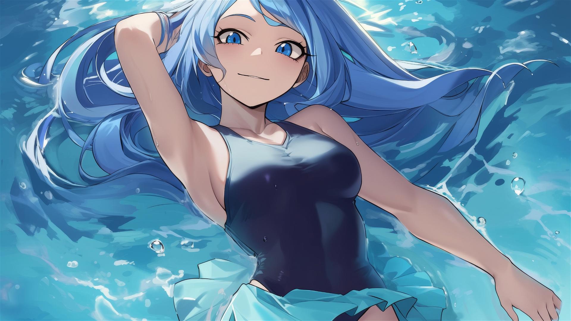 Nejire Hadou from My Hero Academia in swimming pool under moonlight