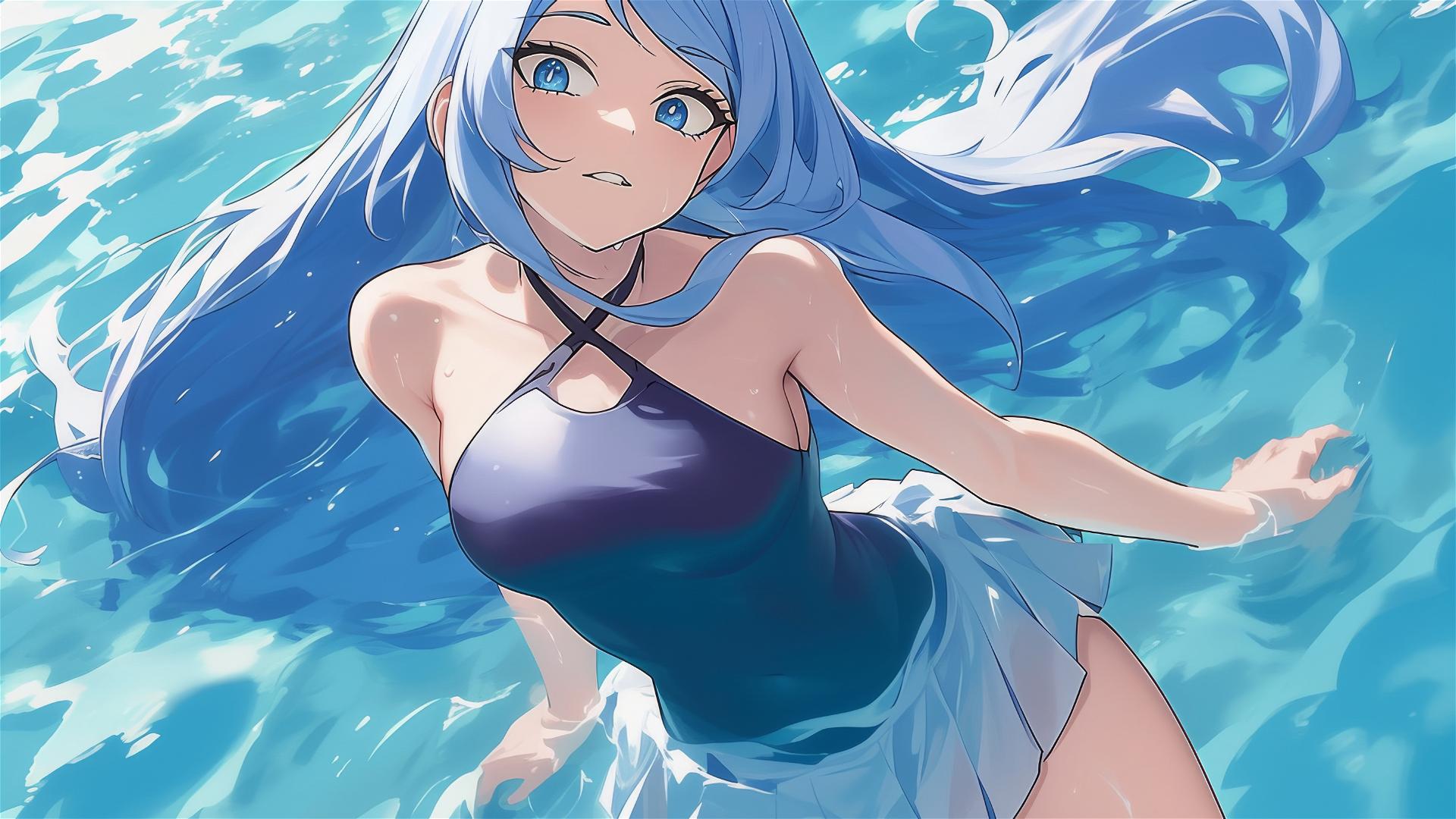 Nejire Hadou from My Hero Academia standing in a pool under moonlight