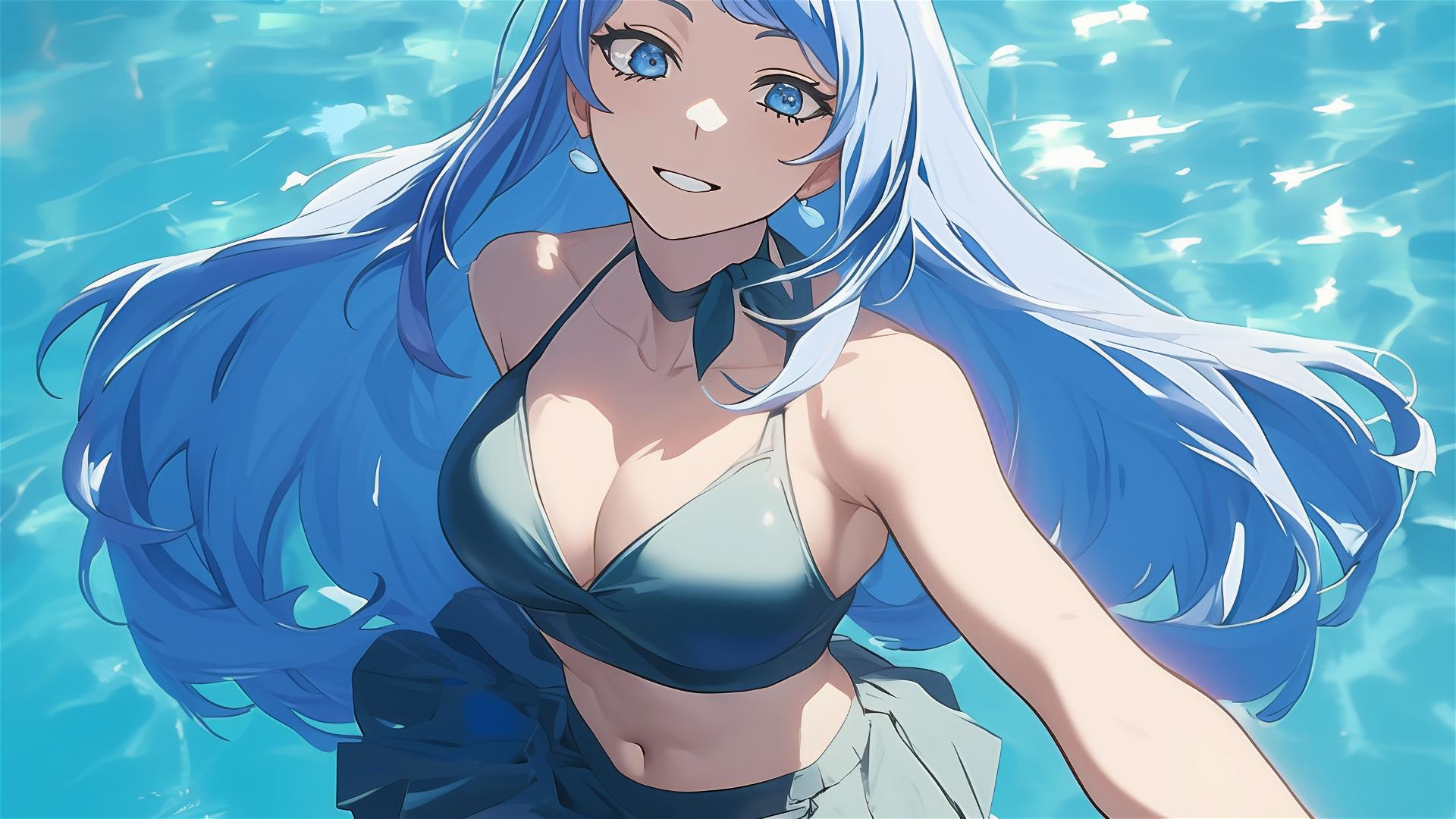 Nejire Hadou from My Hero Academia standing in a pool under moonlight with blue eyes
