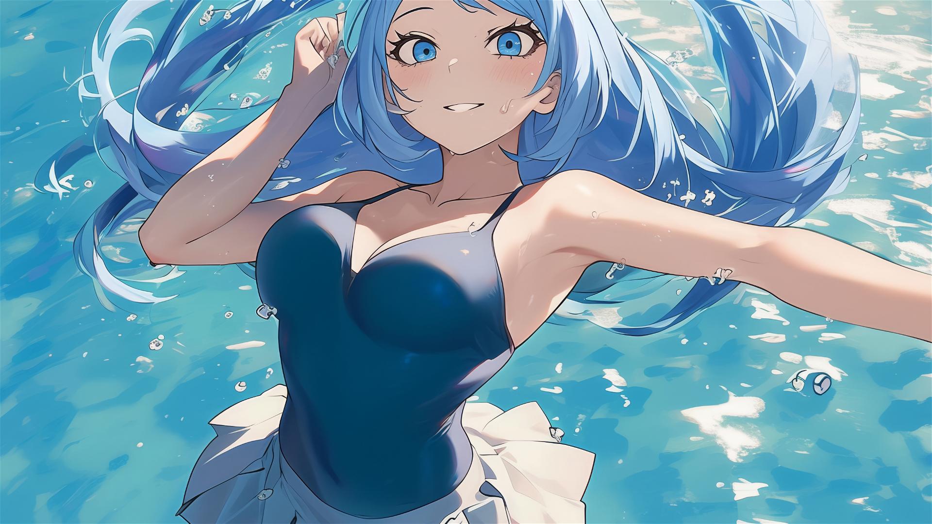 Nejire Hadou swimming in moonlit pool with soft glow on her figure, blue eyes