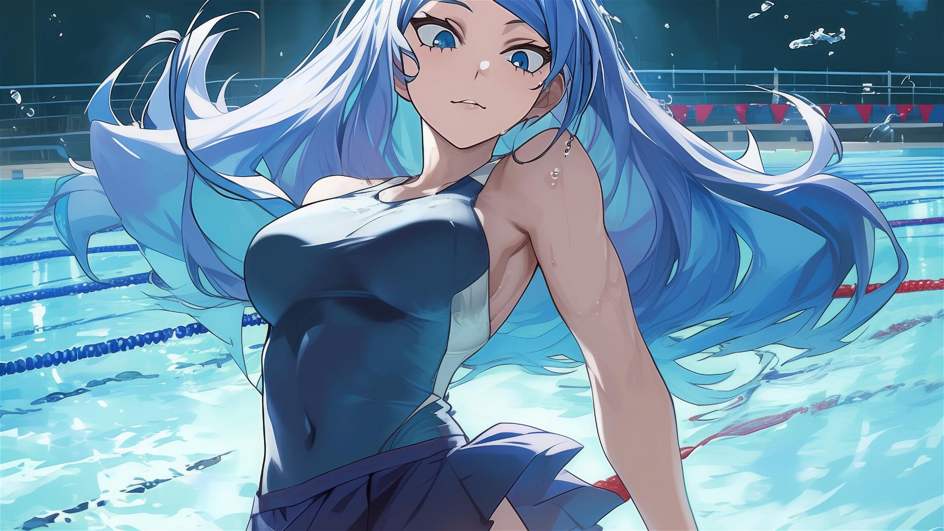 Nejire Hadou from My Hero Academia standing in a pool under moonlight, blue eyes shining