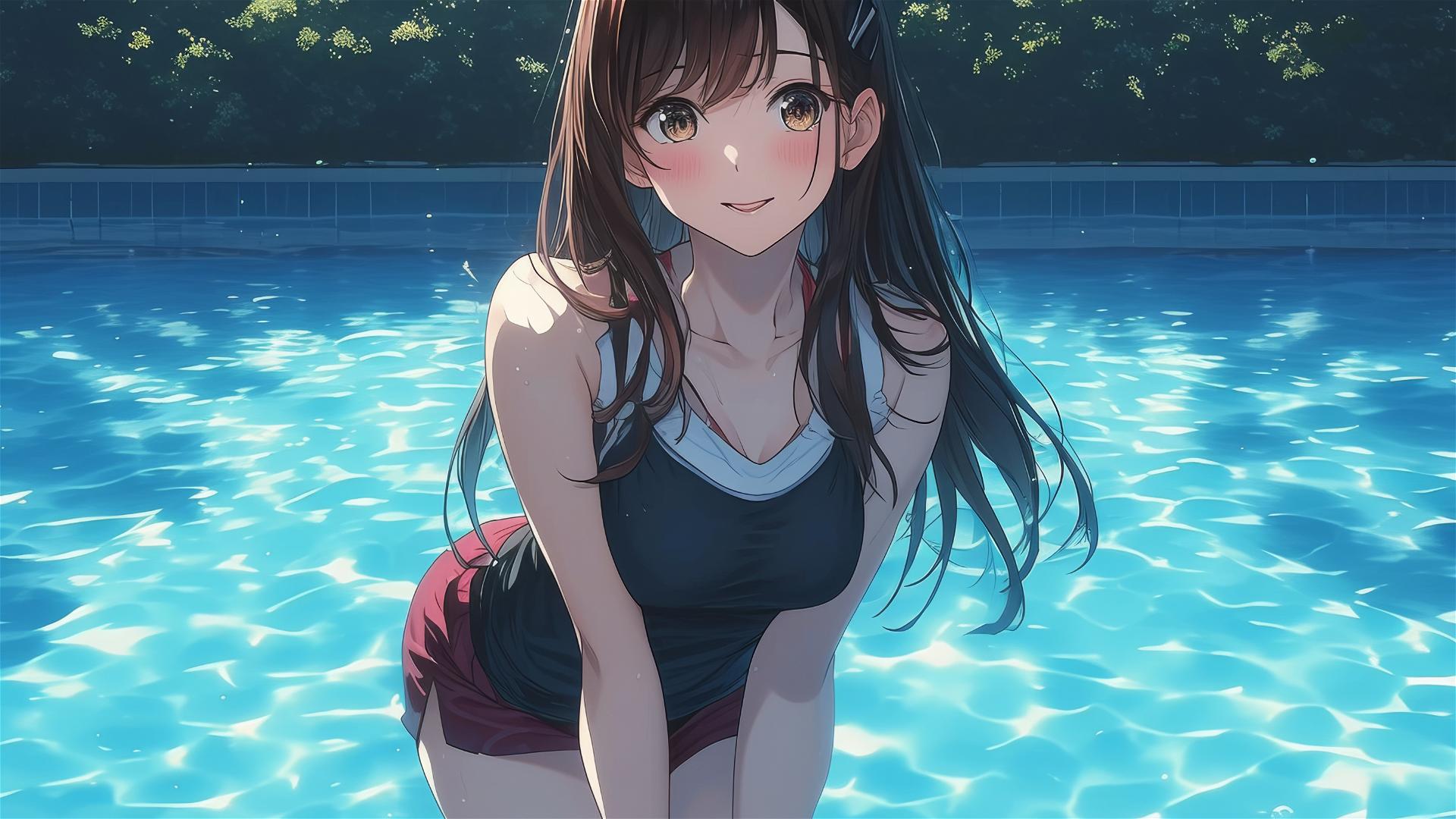 Mizuhara Chizuru swimming in moonlit pool, serene ambiance