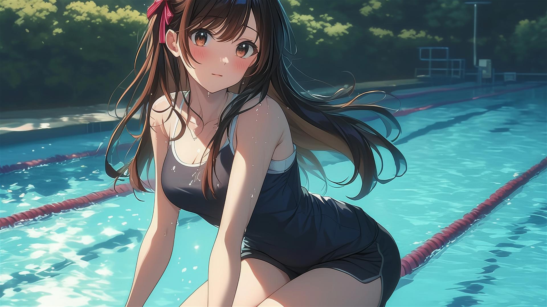 Mizuhara Chizuru swimming in moonlit pool with soft glow on her figure.