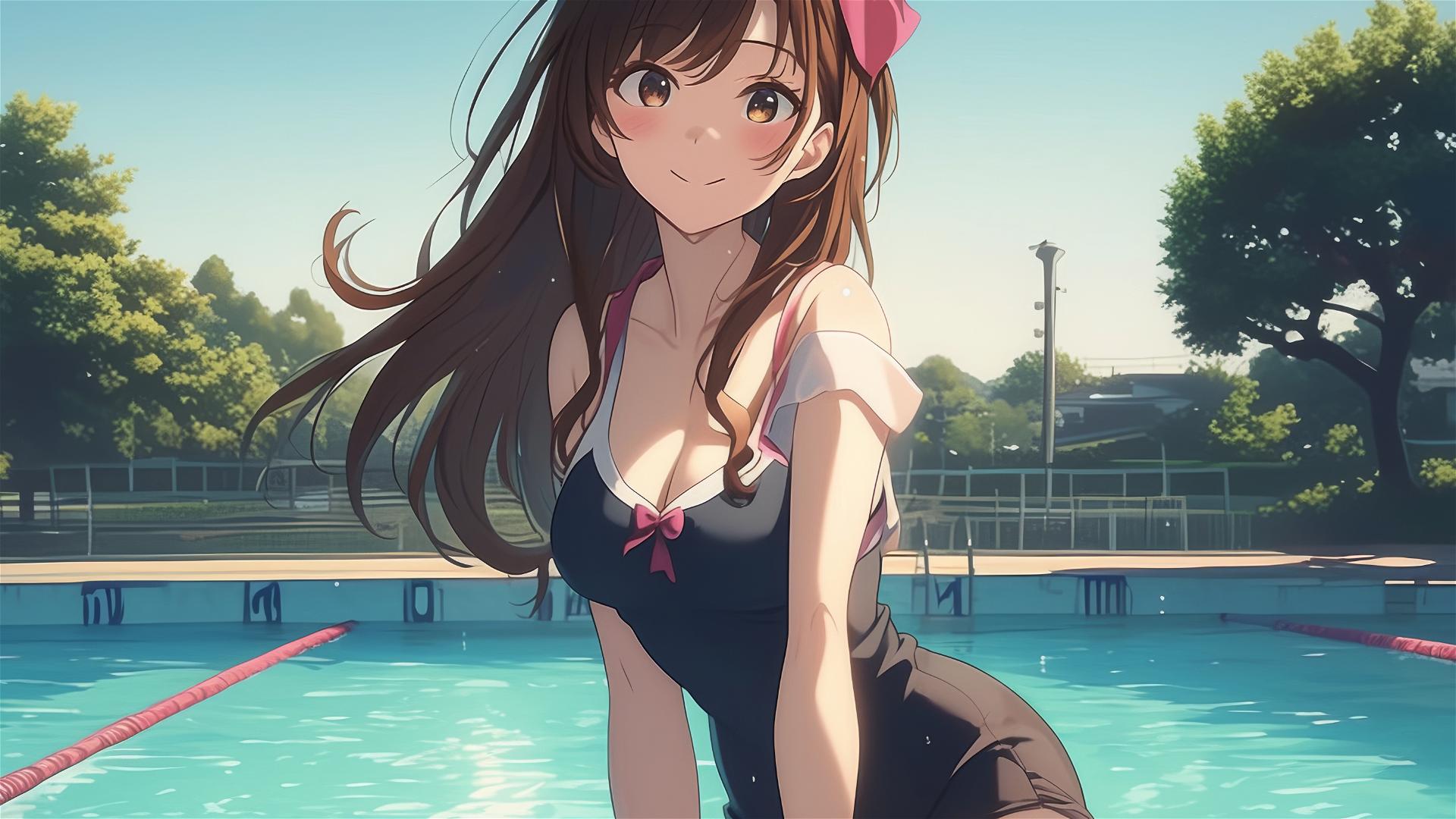 Mizuhara Chizuru from 'Rent A Girlfriend' in a pool under moonlight