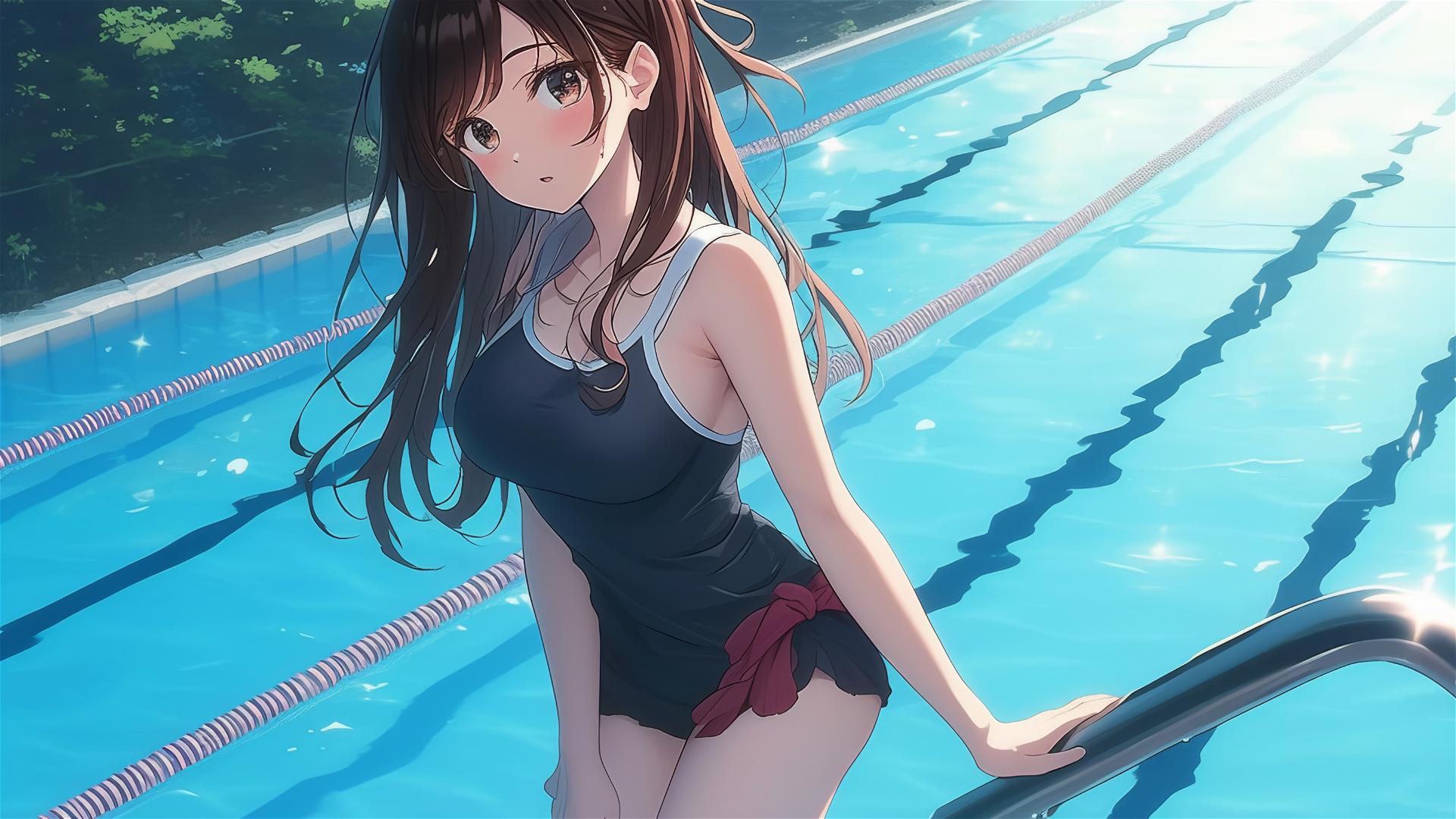 Mizuhara Chizuru standing in a pool under moonlight, brown hair, light brown eyes