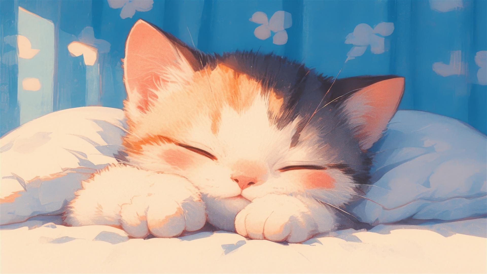 Colorful Japanese animation style image with a sleeping British shorthair and prominent flowers