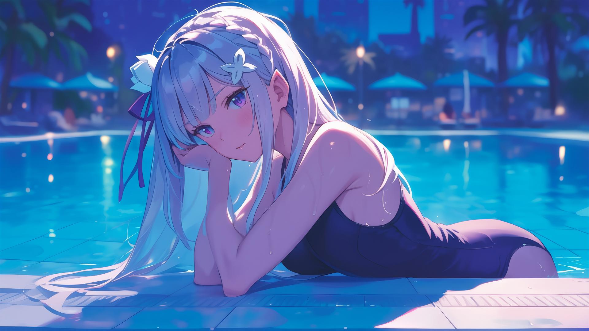 Emilia from Re:Zero at the poolside under moonlight