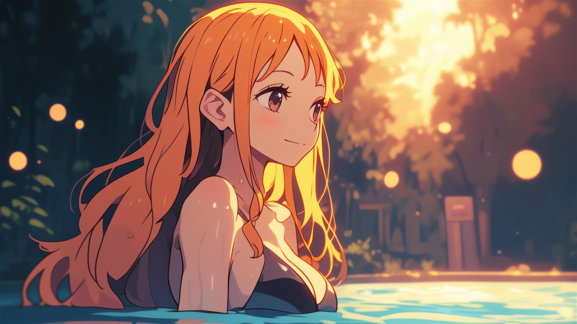 Nami from One Piece in bunny girl style in a pool under moonlight