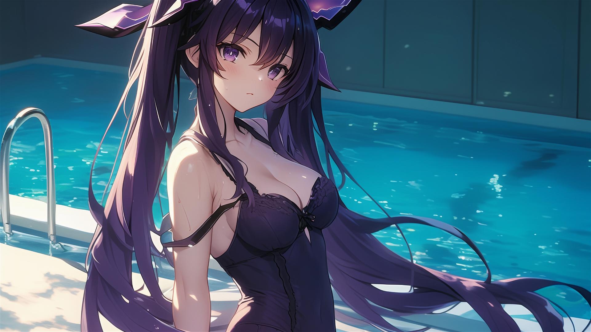 Tohka Yatogami from Date A Live standing in the pool under moonlight with dark purple hair and eyes