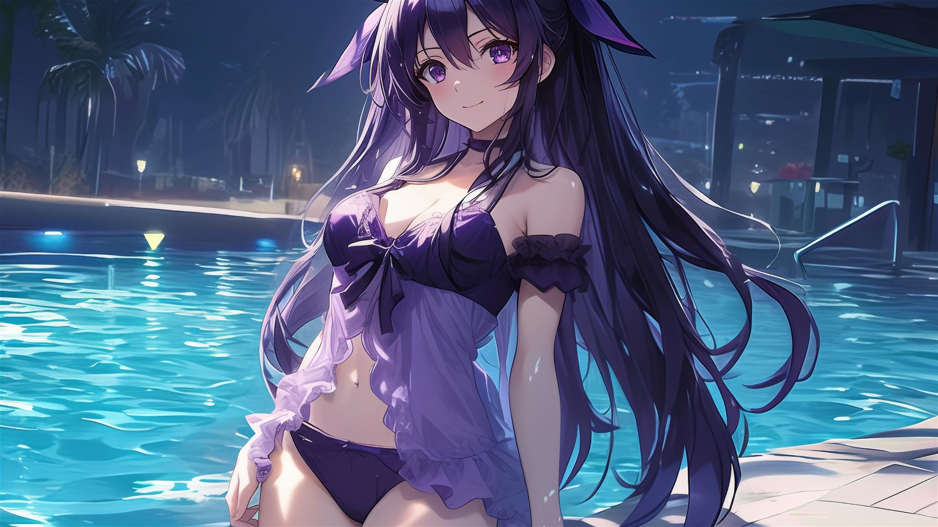 Tohka Yatogami from Date A Live standing in a pool under moonlight