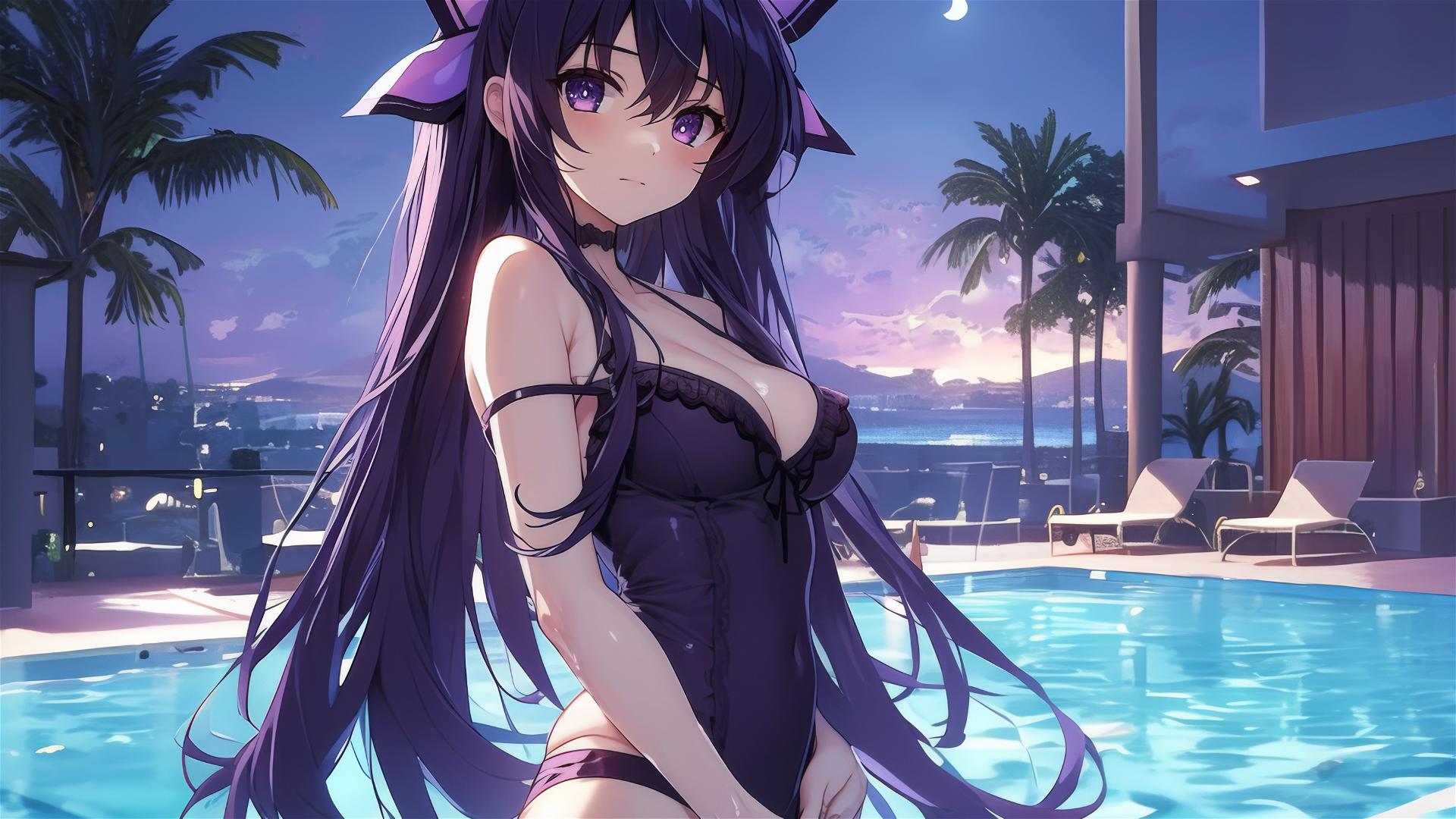 Tohka Yatogami stands in pool under moonlight, dark-purple hair and eyes