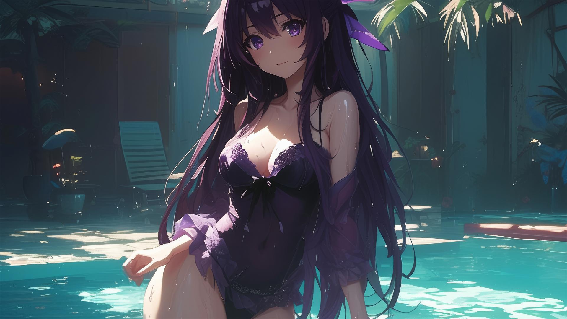 Tohka Yatogami from Date A Live standing in a pool under moonlight, dark-purple hair and eyes