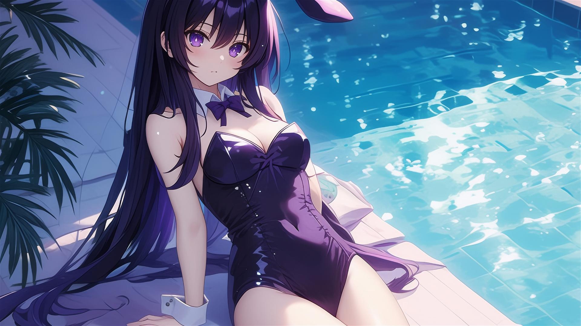 Tohka Yatogami from Date A Live in swimming pool under moonlight, bunny girl style