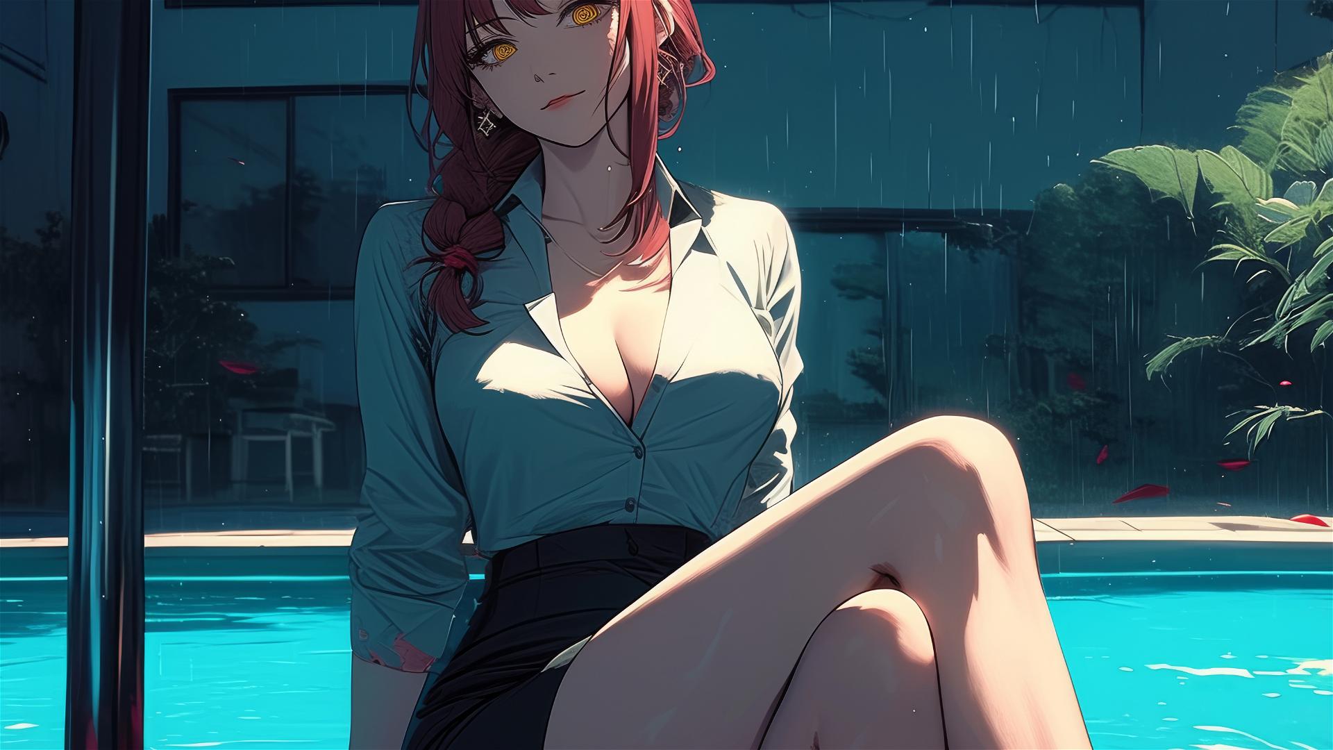 Makima from Chainsaw Man by the pool, rain, moon glow on red hair and heels