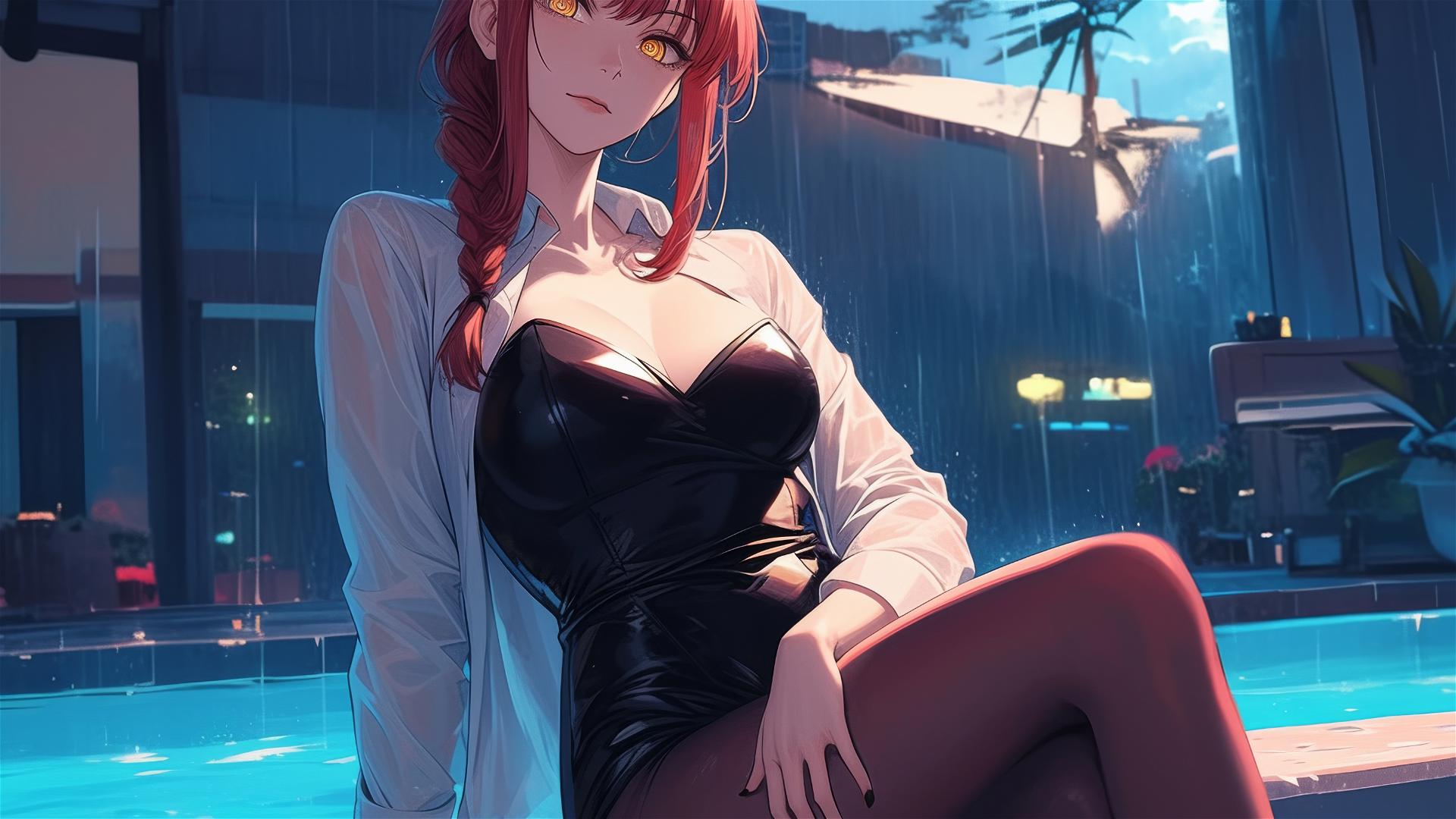 Makima from Chainsaw Man by poolside in rain, moonlit red hair, red heels, bunny style