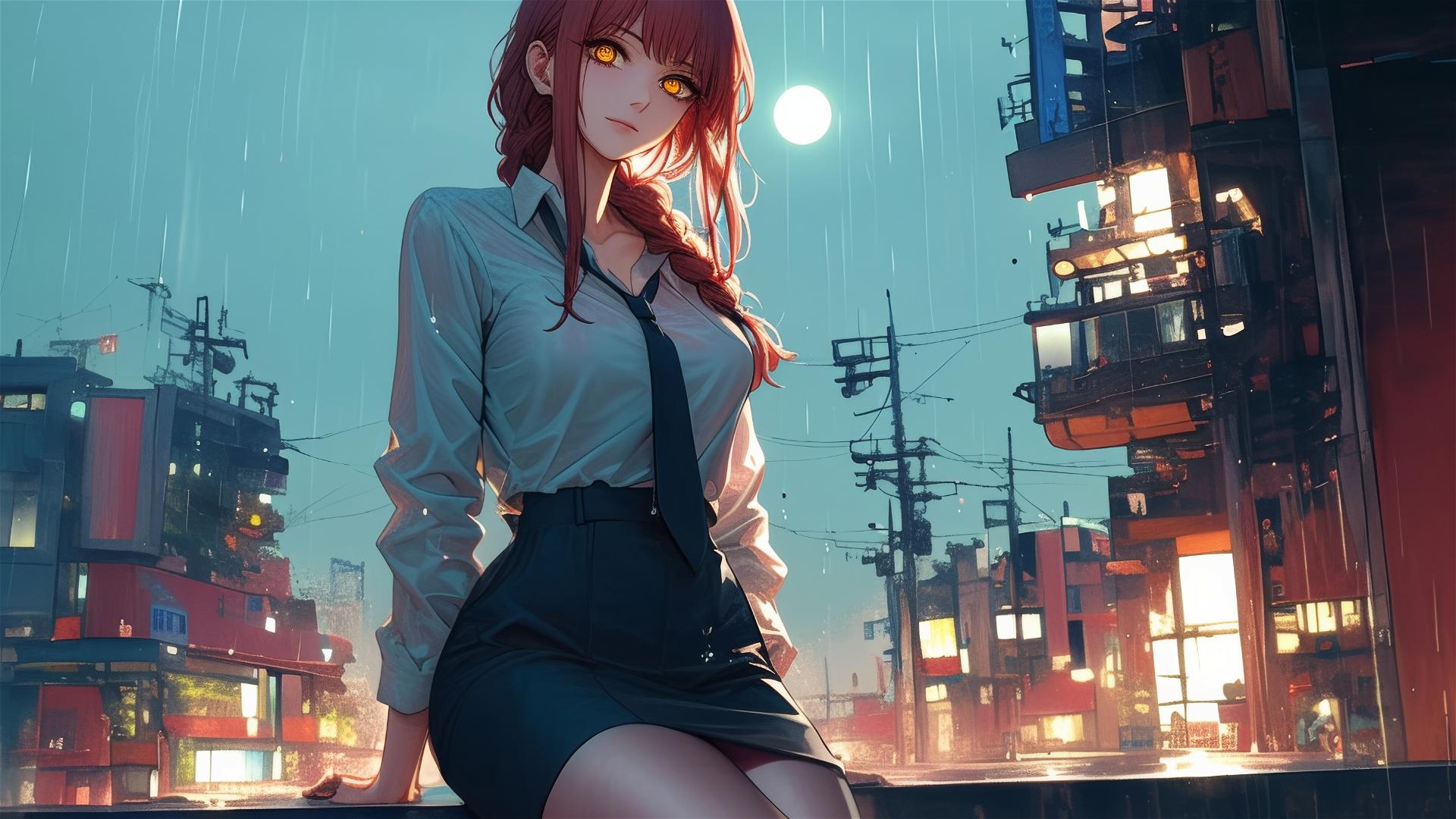 Makima from Chainsaw Man standing on a rooftop in the rain with moonlight on her red hair and heels, dressed in bunny girl style.