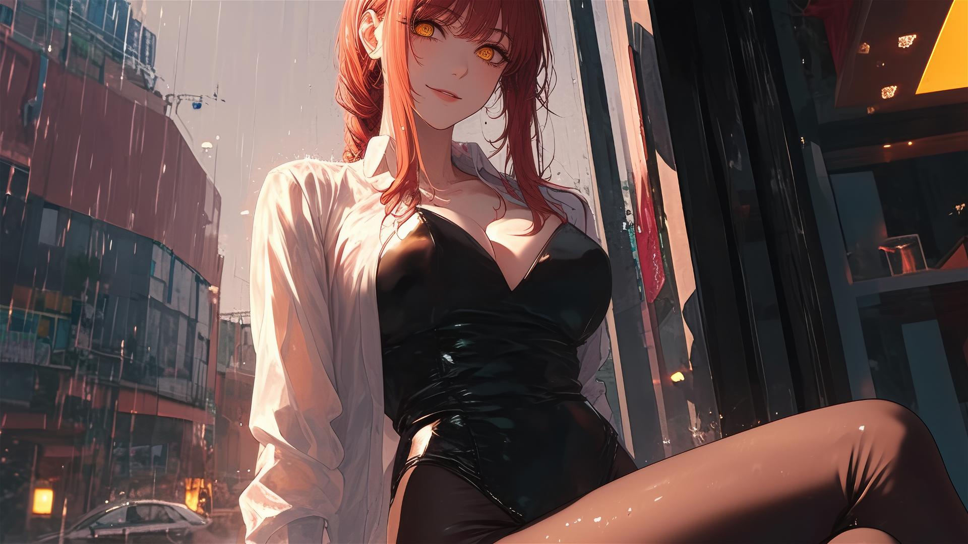 Makima from Chainsaw Man on a rooftop in the rain, under moonlight with red hair and heels, bunny girl style