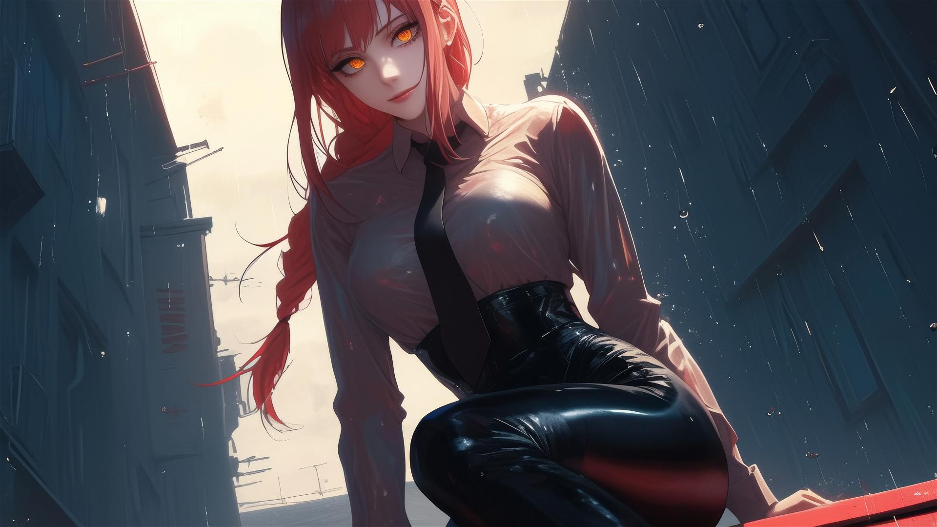 Makima from Chainsaw Man on a rooftop in the moonlight with big rain and red accents