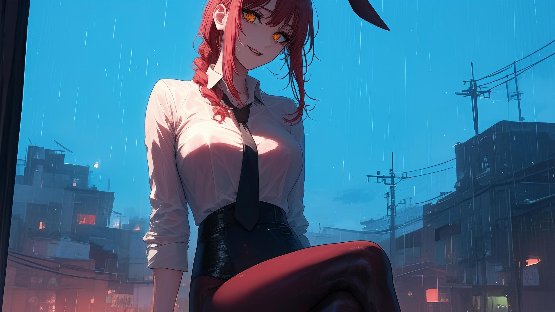 Makima from Chainsaw Man on a rooftop in the rain, moonlit with red hair and heels, bunny girl style.