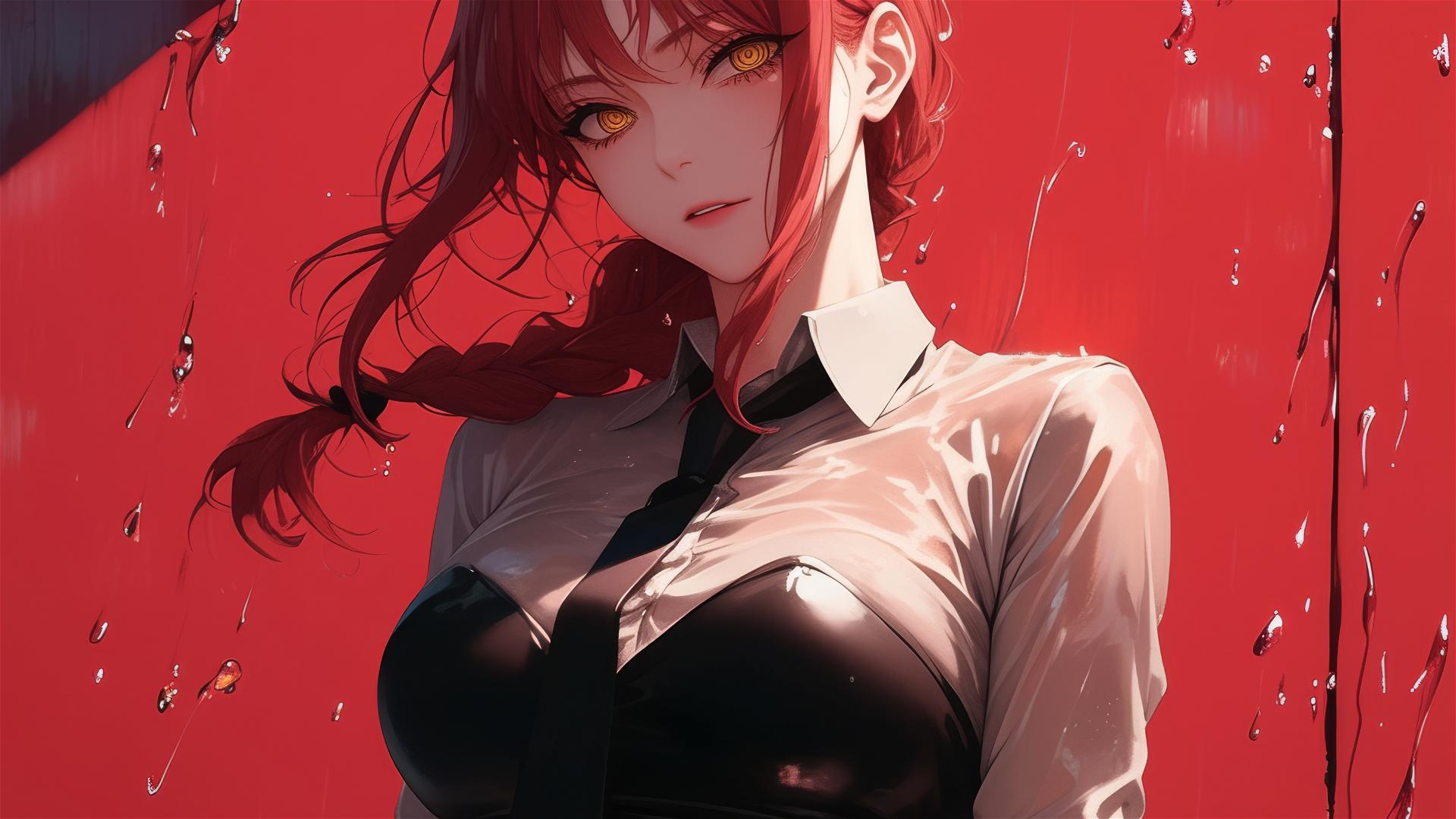 Makima from Chainsaw Man, moonlit glow, red hair, rainy, bunny girl style