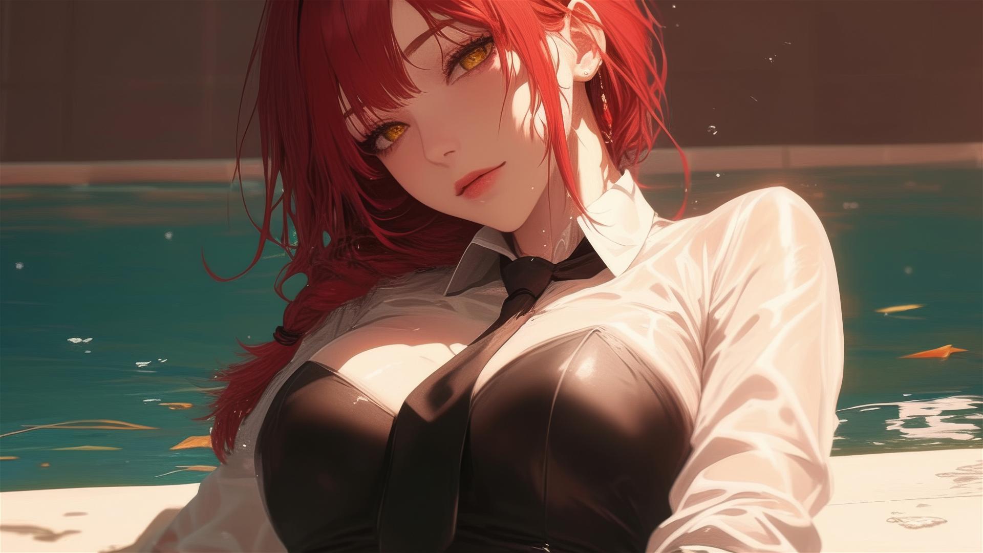 Makima from Chainsaw Man swimming under moonlight, red hair, bunny girl style on rainy day
