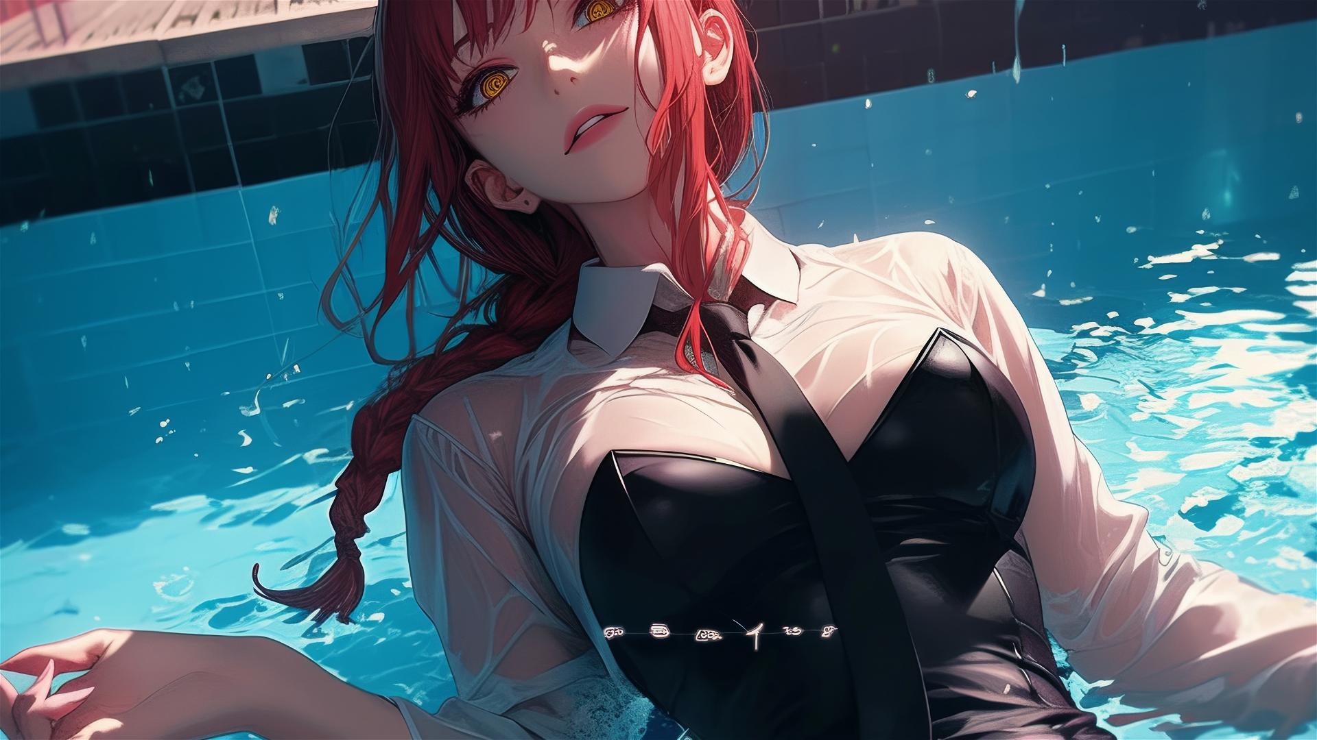 Makima from Chainsaw Man swimming in a pool under moonlight, red hair, rainy, bunny style