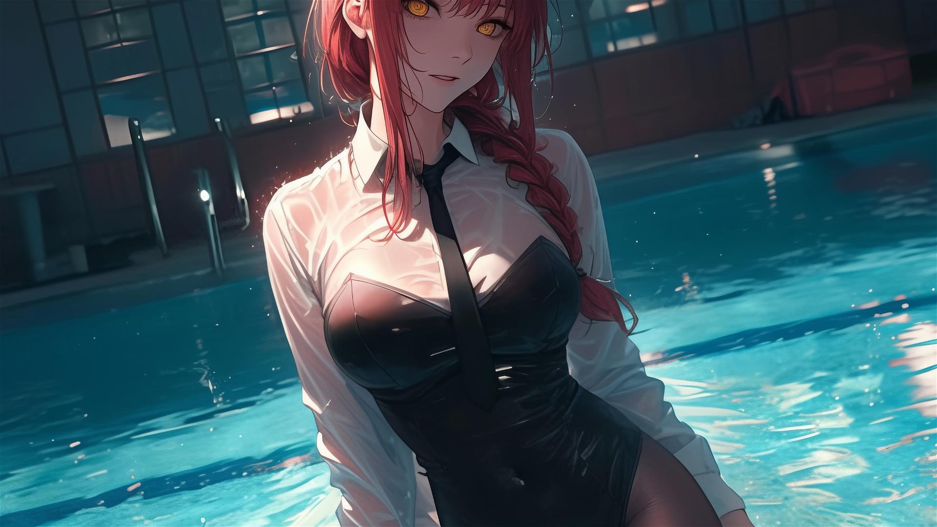 Makima from Chainsaw Man swimming in the pool with moonlight and rain, red hair in bunny style