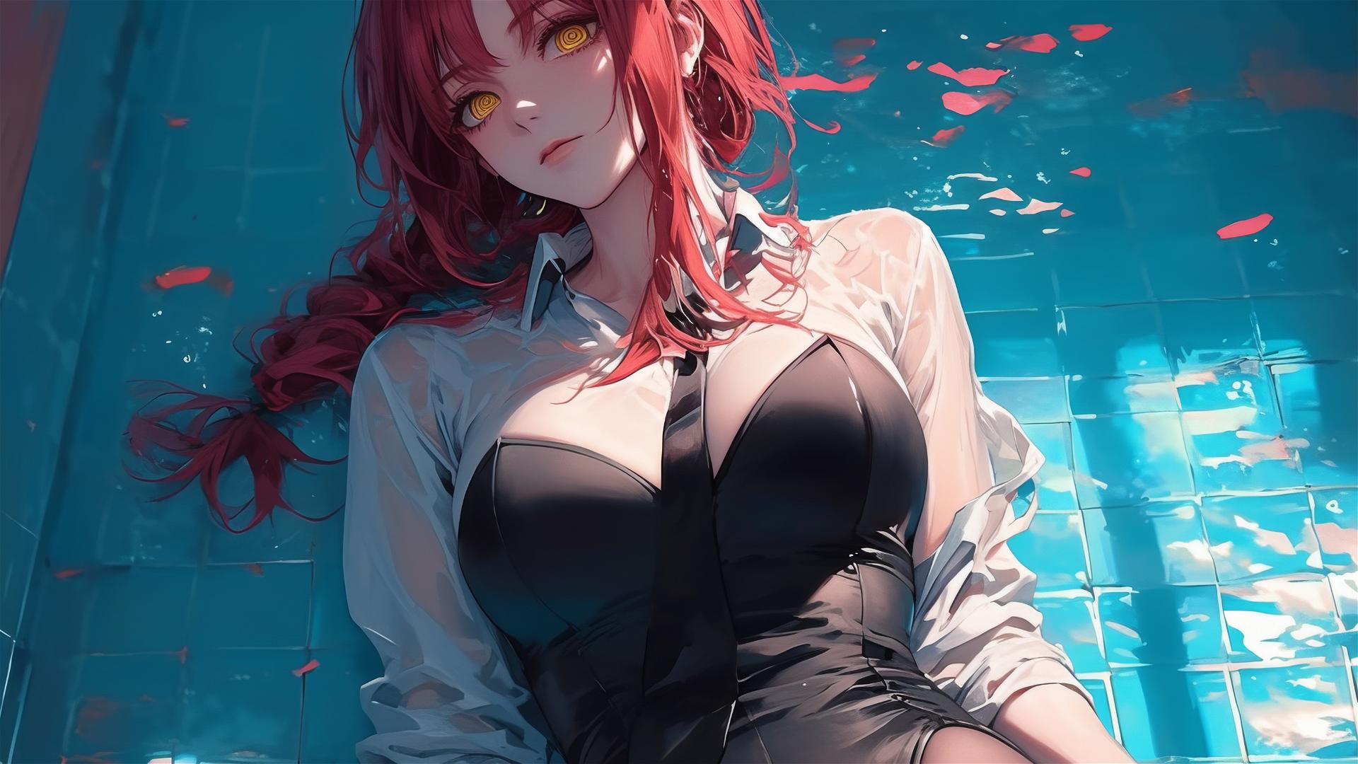 Makima from Chainsaw Man resting by pool, moonlit red hair, rainy day, bunny style