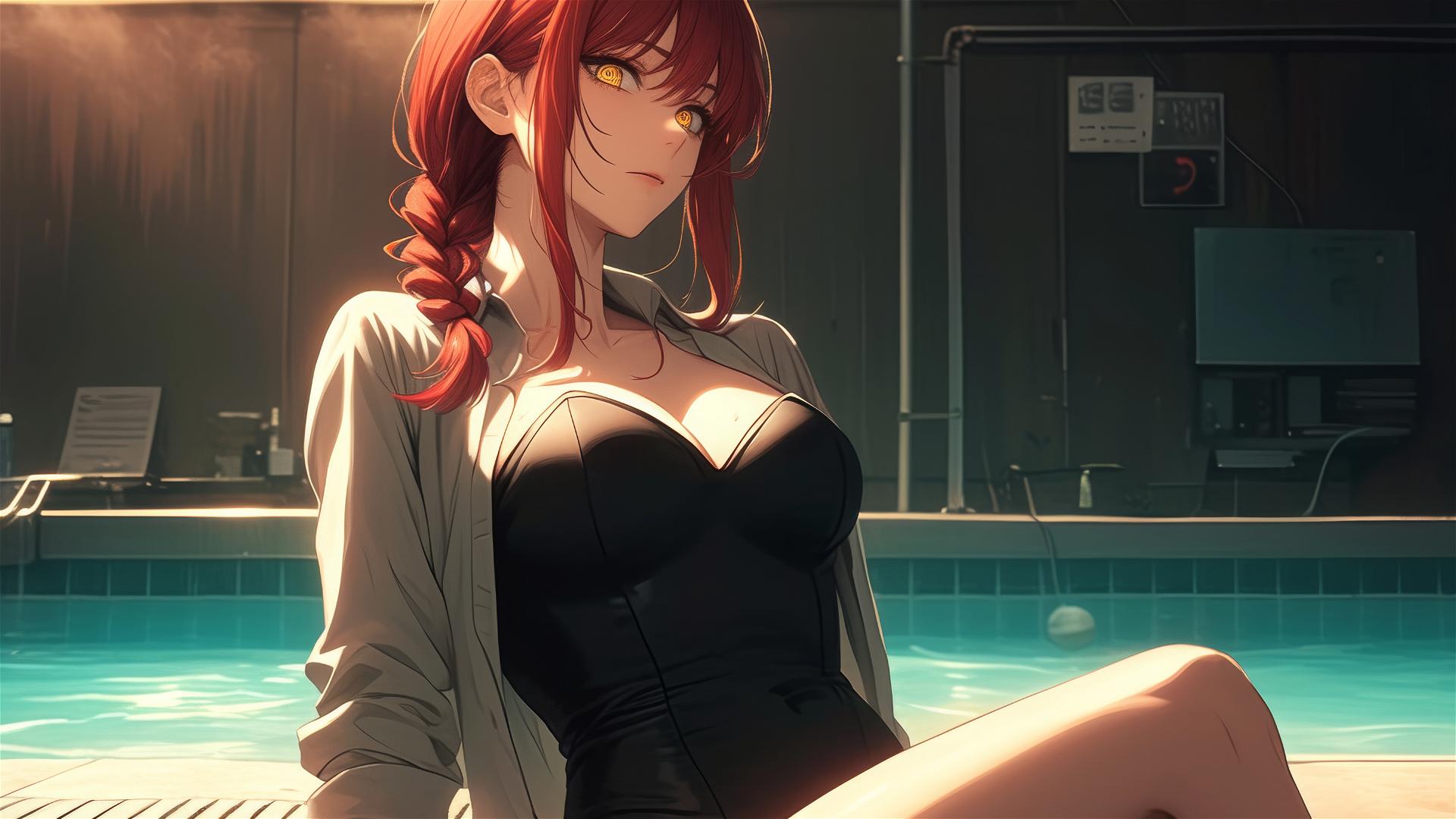 Makima from Chainsaw Man resting by pool under moonlight, red hair, bunny girl on rainy day