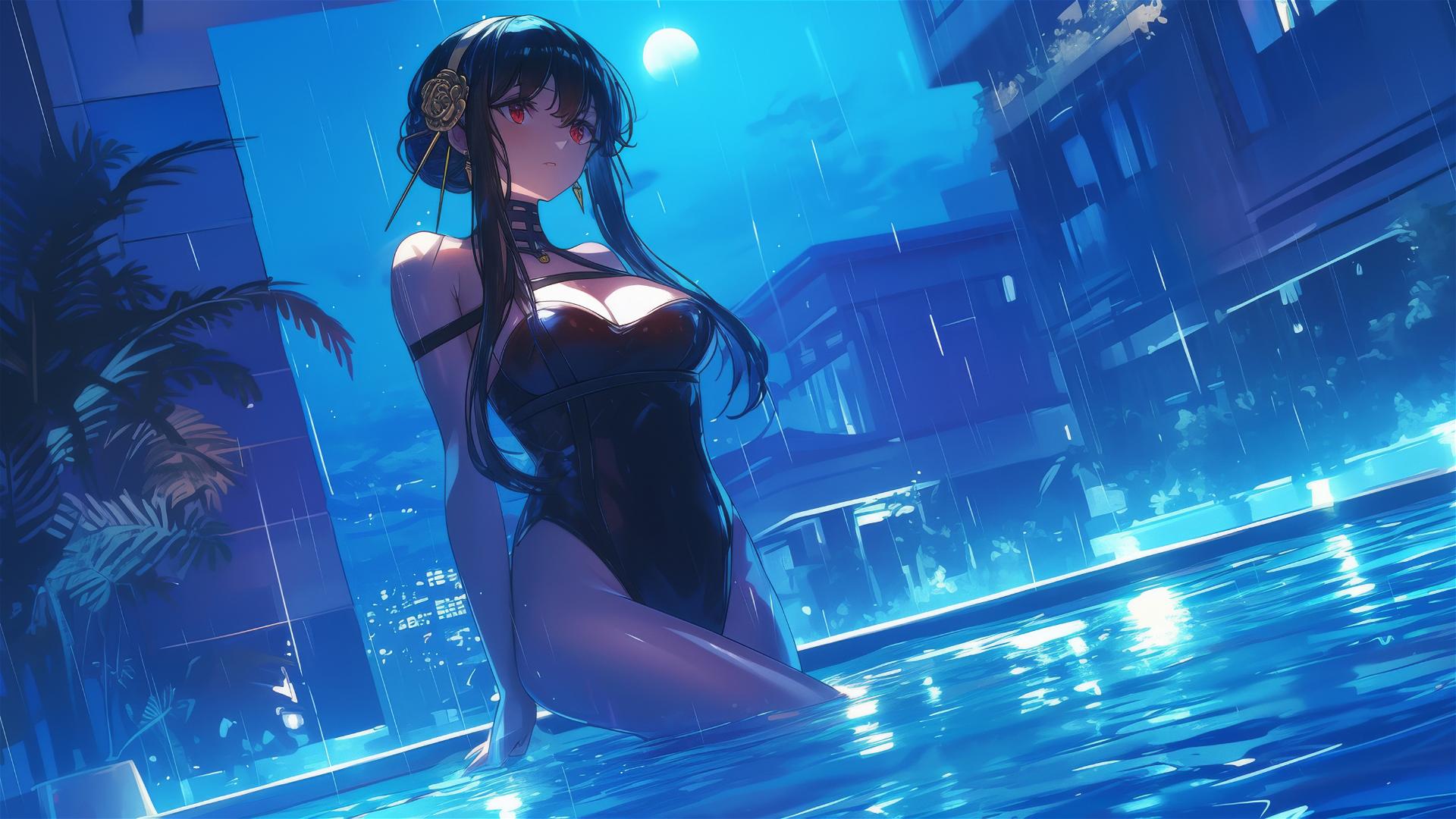 Yor Forger in white bunny girl outfit stands in pool under moonlight on rainy day