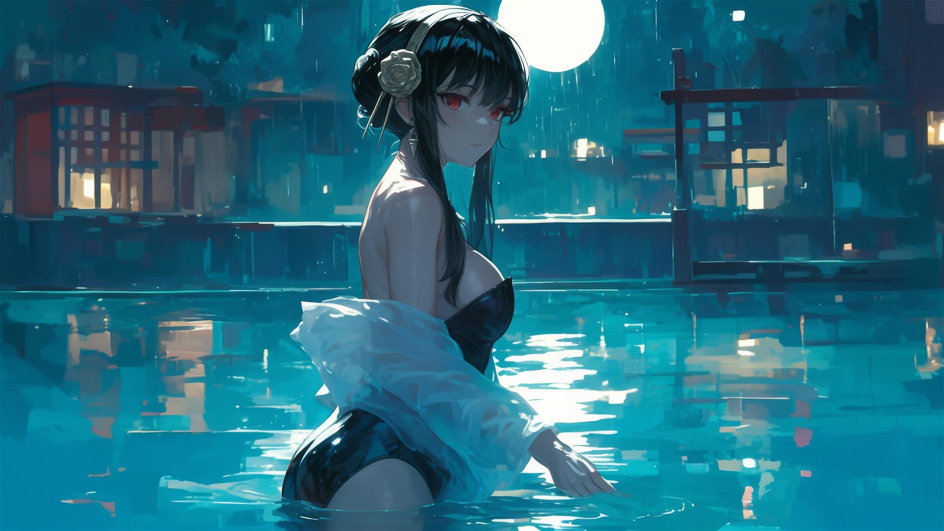 Yor Forger from Spy x Family in bunny girl outfit standing in a pool under moonlight on a rainy day.
